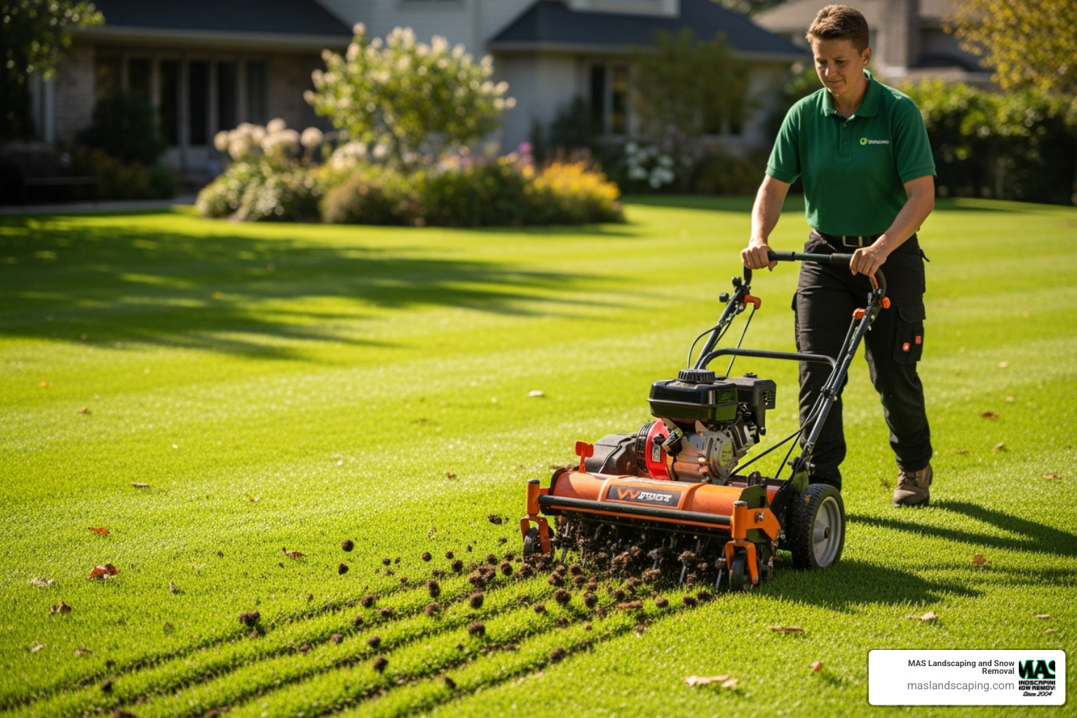 lawn care professional aerating a lawn - lawn care and landscaping