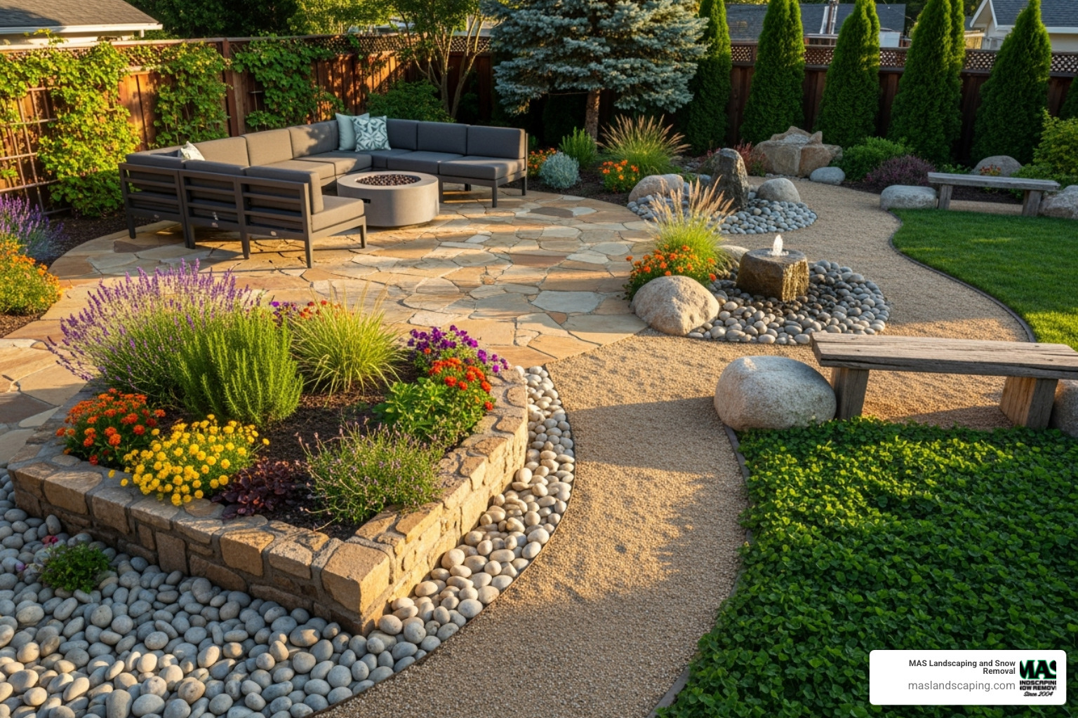 backyard with a mix of hardscaping, a small garden, and alternative ground cover - lawn care and landscaping