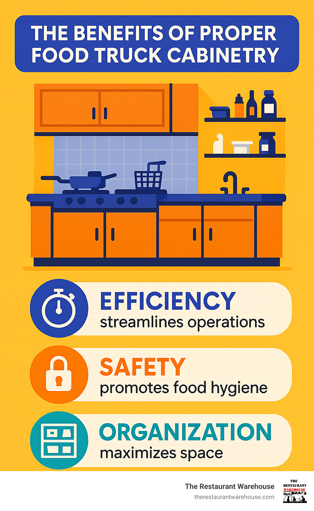 Infographic explaining the key benefits of proper food truck cabinetry: Efficiency, Safety, and Organization - food truck cabinets infographic 