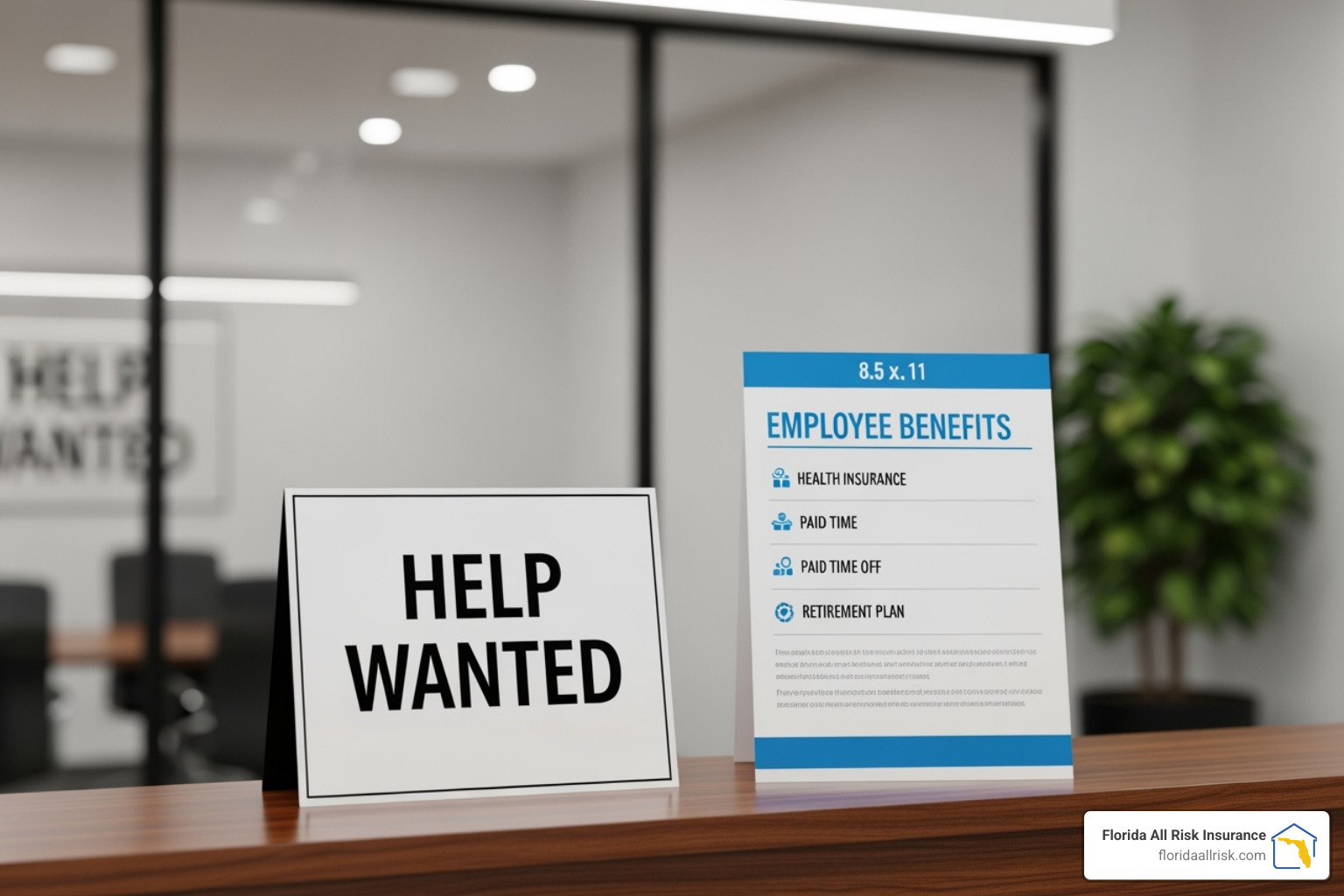 Help Wanted sign next to a flyer listing employee benefits - how many people to create group health insurance plan Help Wanted sign next to a flyer listing employee benefits - how many people to create group health insurance plan
