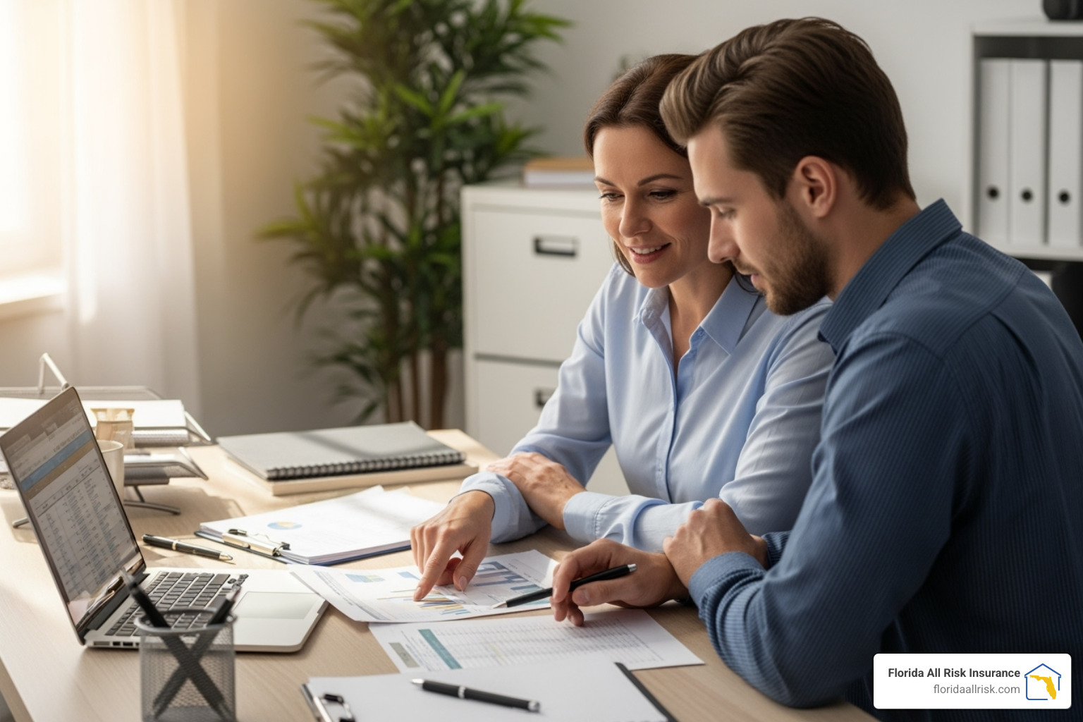 Small business owner reviewing paperwork with an employee - how many people to create group health insurance plan Small business owner reviewing paperwork with an employee - how many people to create group health insurance plan