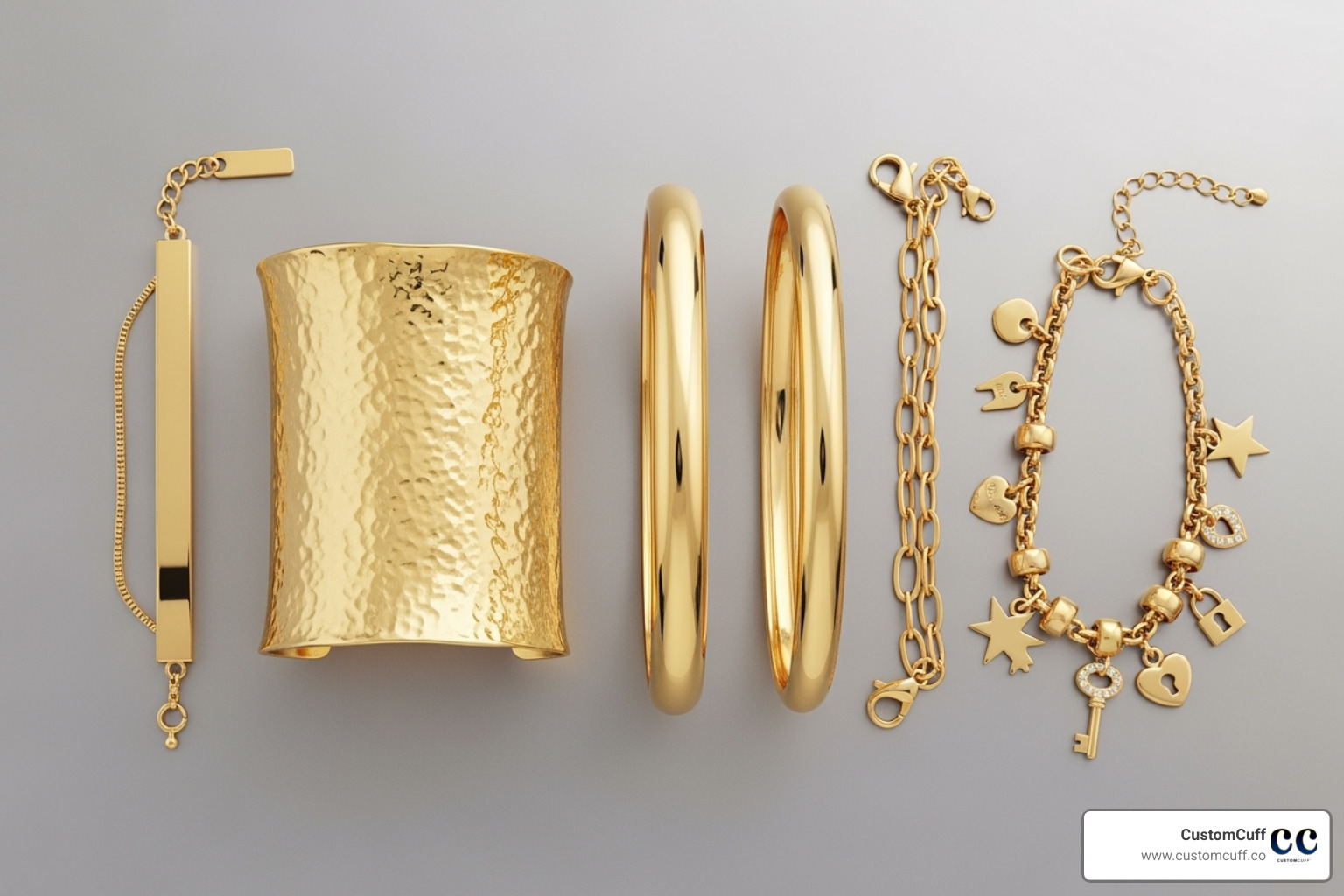 collection of different bracelet styles - engraved gold bracelet