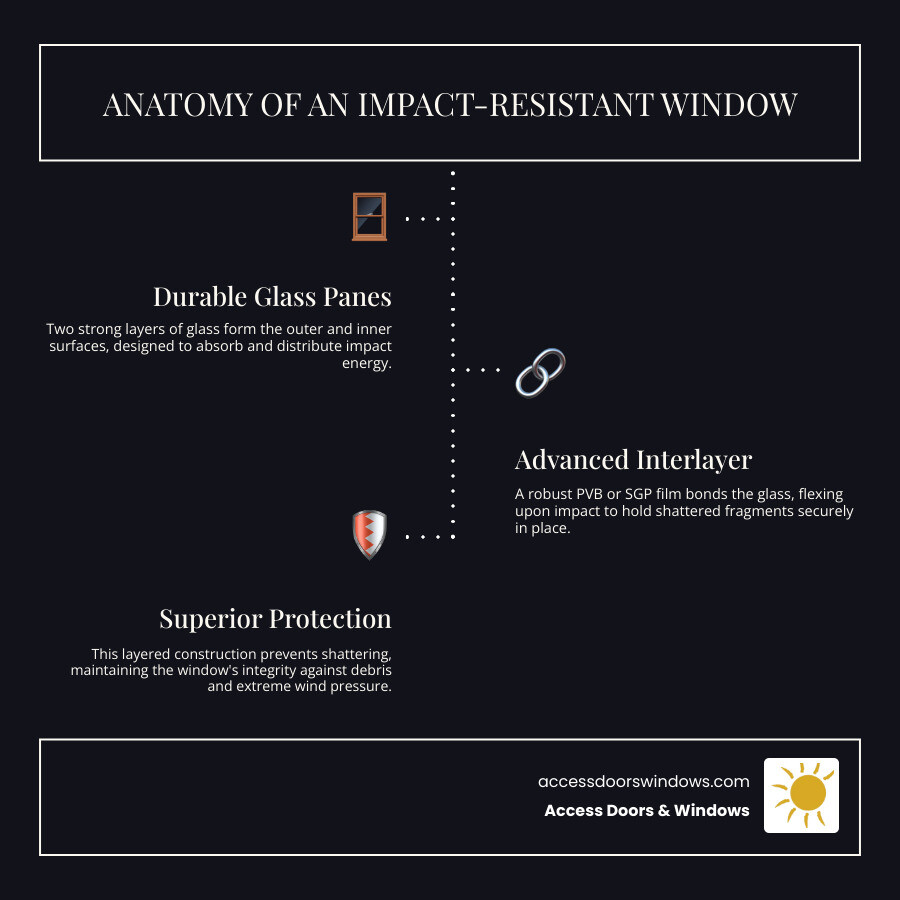Infographic explaining the layered construction of an impact-resistant window (glass, PVB/SGP interlayer, glass) and how it withstands impact. - Florida impact-resistant windows infographic infographic-line-3-steps-dark