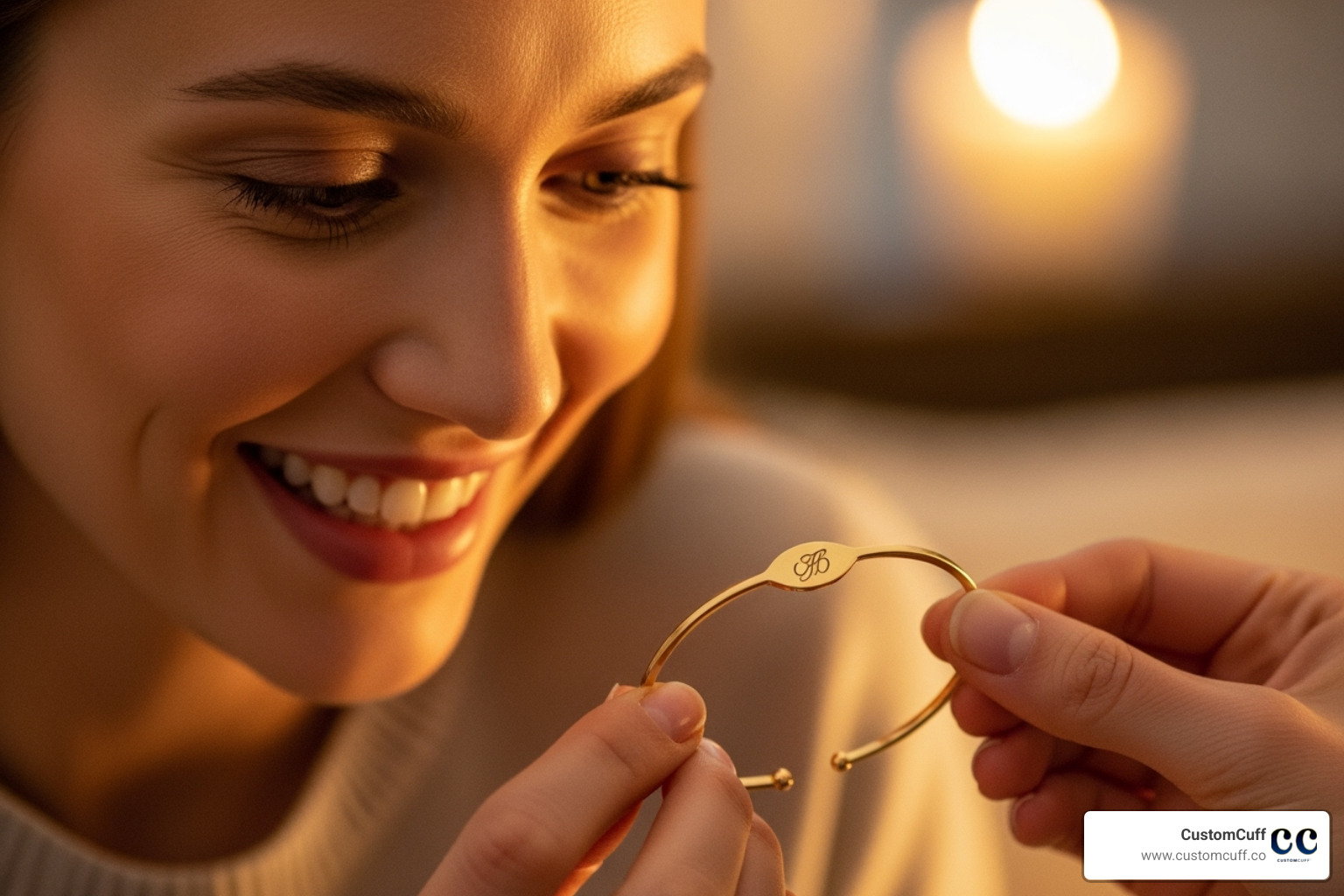 someone happily receiving an engraved gold bracelet as a gift - engraved gold bracelet