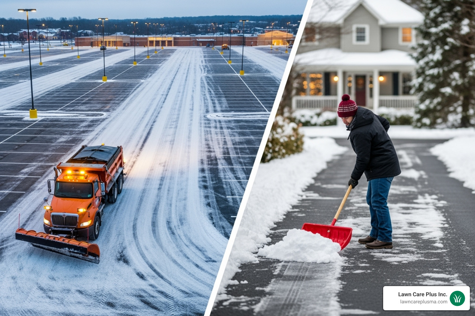 Image comparing a large commercial parking lot being plowed and a small residential driveway being shoveled - snow plowing contract Image comparing a large commercial parking lot being plowed and a small residential driveway being shoveled - snow plowing contract