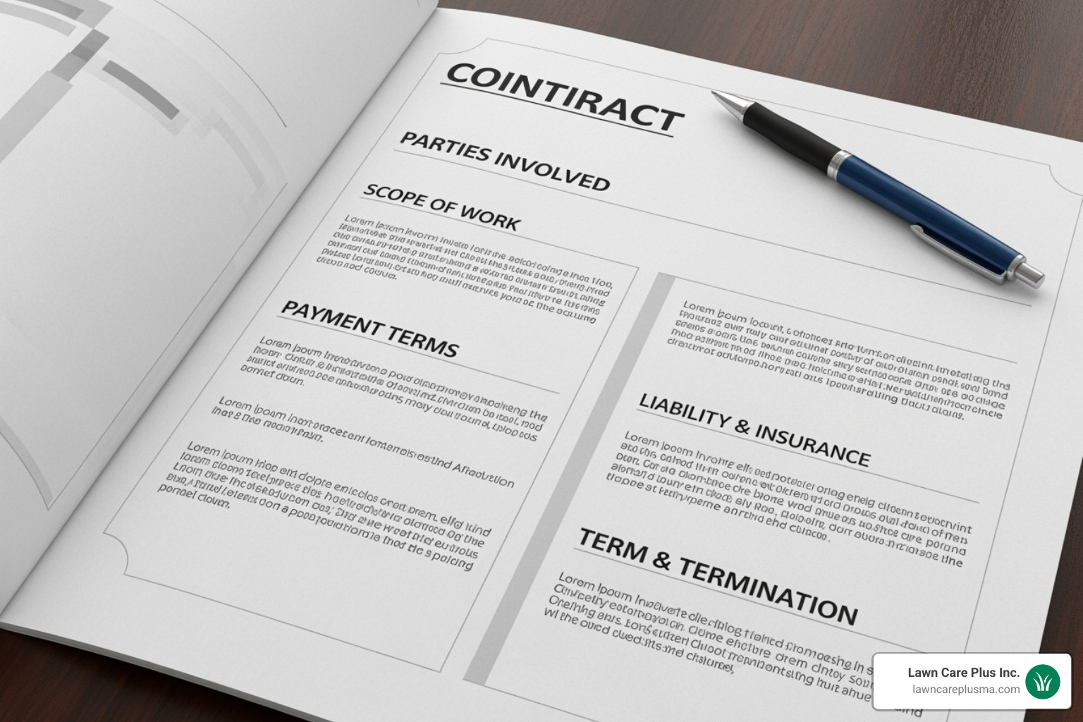 Sample contract document with sections for "Parties Involved", "Scope of Work", "Payment Terms", "Liability & Insurance", and "Term & Termination" highlighted - snow plowing contract Sample contract document with sections for "Parties Involved", "Scope of Work", "Payment Terms", "Liability & Insurance", and "Term & Termination" highlighted - snow plowing contract
