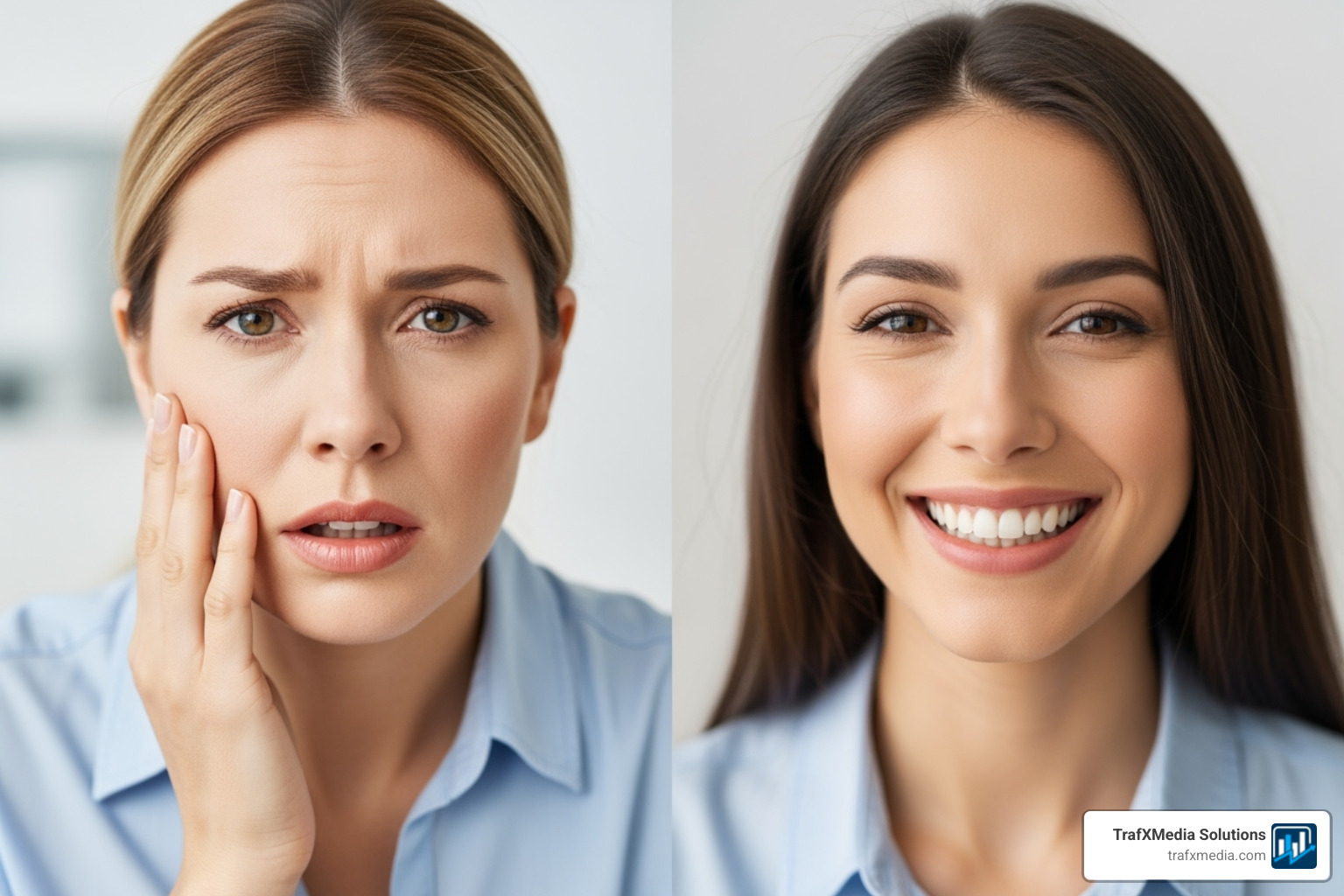 Two different, well-written Google ad examples for dentists, one highlighting emergency services (with a Caucasian woman looking concerned about her tooth) and the other a new patient special (with a smiling Caucasian patient). - Google ads for dentists