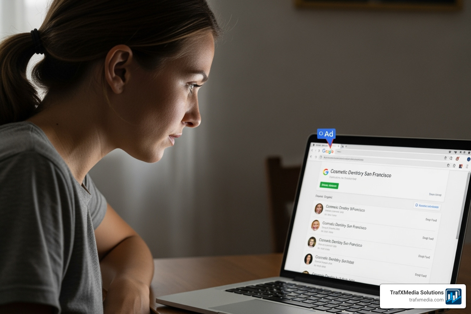 Google search results page on a laptop, showing a paid ad for "cosmetic dentistry San Francisco" at the very top, with a Caucasian woman looking at the screen - Google ads for dentists