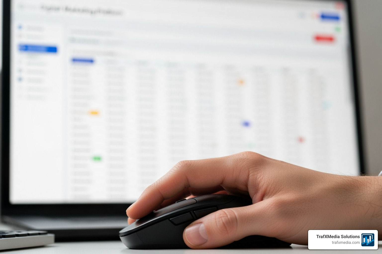 Image of a keyword research tool interface showing a list of dental-related keywords like "dental implants," "Invisalign near me," and "pediatric dentist" with their search volumes and competition levels. The interface shows a Caucasian person's hand using a mouse. - Google ads for dentists