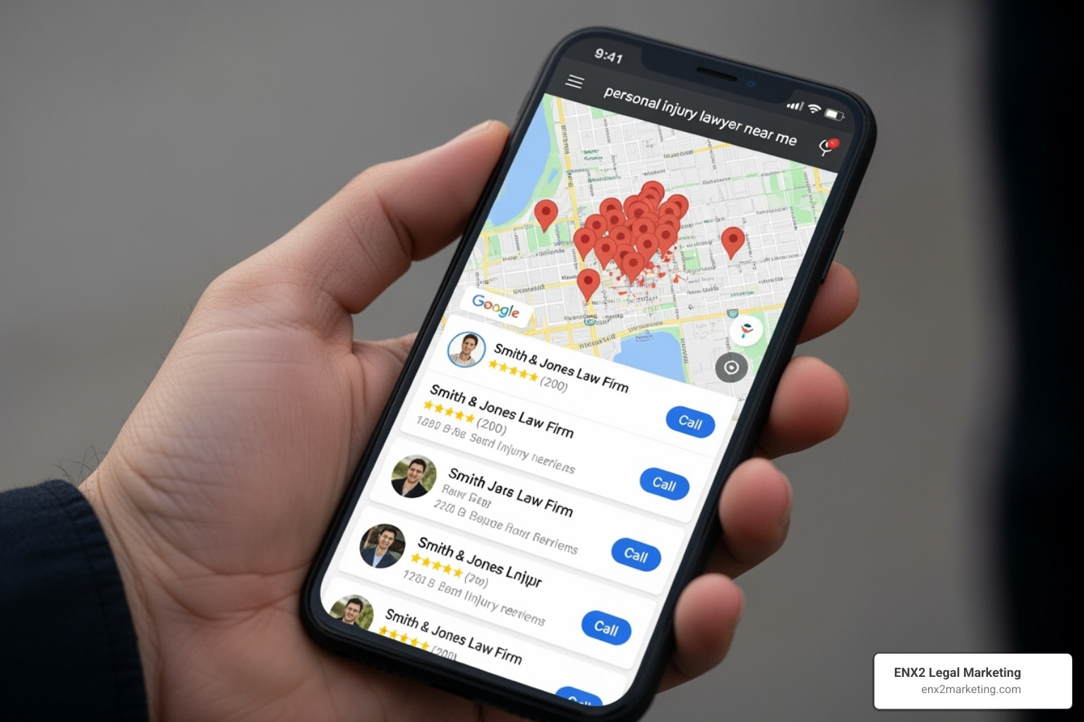 Google Local Pack results on a smartphone for a "personal injury lawyer near me" search - why is local seo important for law firms Google Local Pack results on a smartphone for a "personal injury lawyer near me" search - why is local seo important for law firms