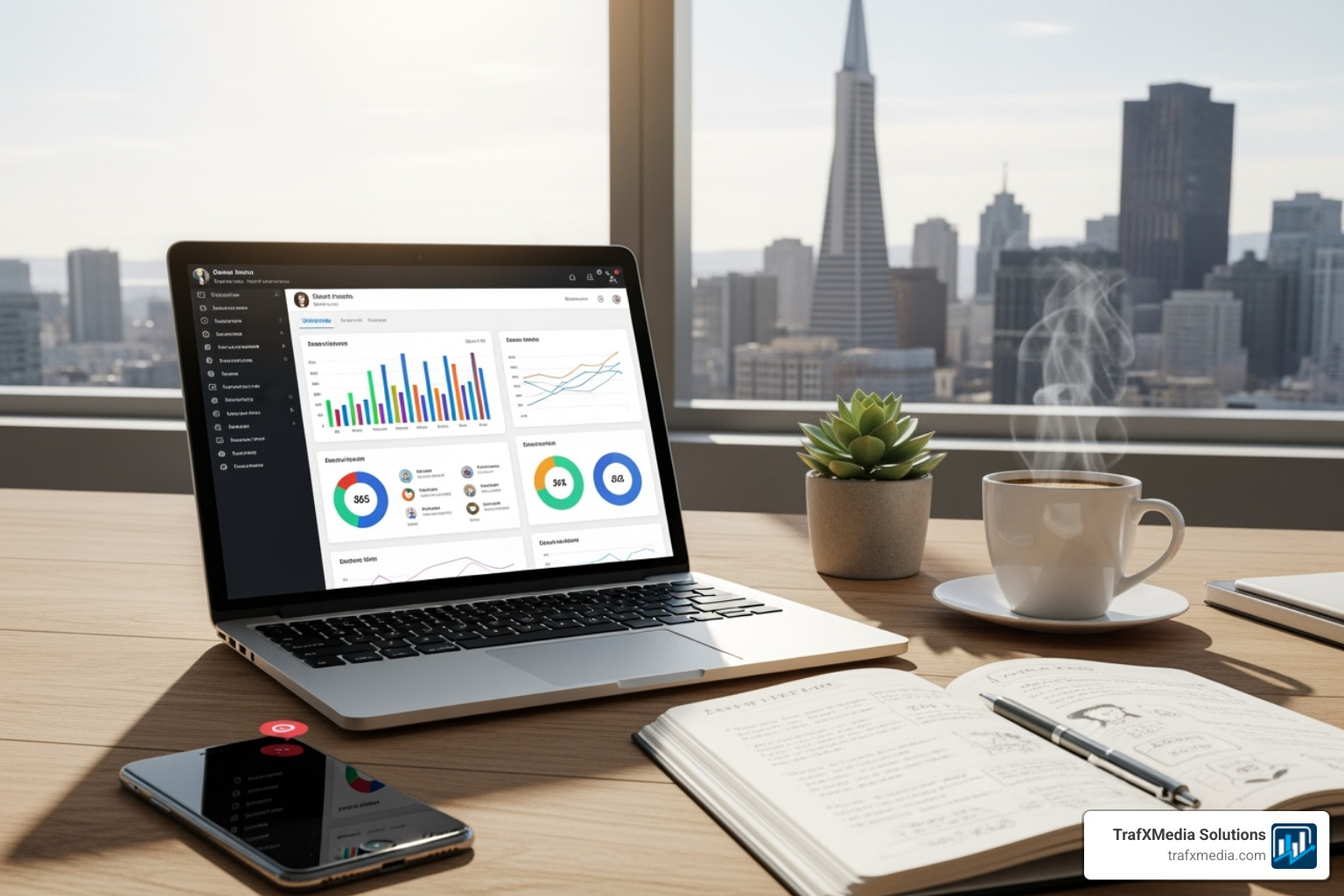 A marketing professional's desk with a laptop displaying social media analytics, a smartphone, and a notebook, with a view of San Francisco's Transamerica Pyramid in the background - San Francisco social media A marketing professional's desk with a laptop displaying social media analytics, a smartphone, and a notebook, with a view of San Francisco's Transamerica Pyramid in the background - San Francisco social media
