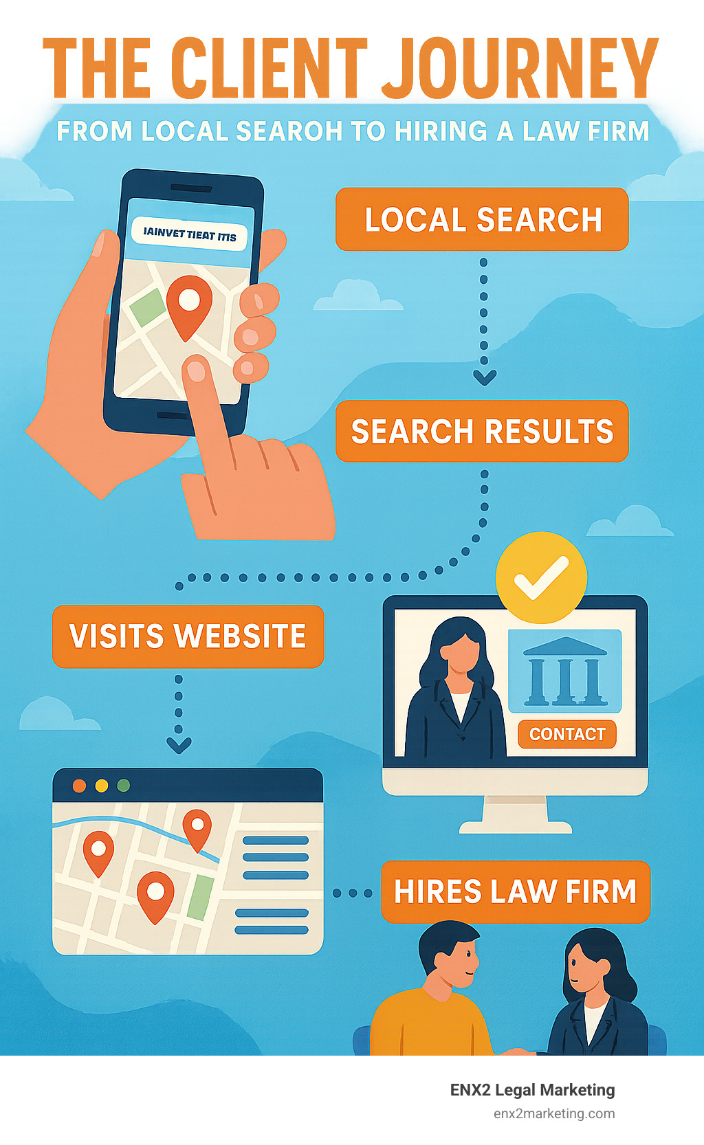 Infographic detailing the modern client's journey from local search query to hiring a law firm - why is local seo important for law firms infographic Infographic detailing the modern client's journey from local search query to hiring a law firm - why is local seo important for law firms infographic