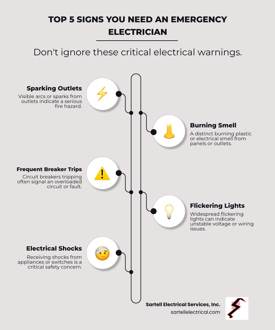 Infographic showing the top 5 emergency electrical warning signs: sparking outlets with visible arcs, burning plastic smell from electrical panels, frequent circuit breaker trips indicating overload, flickering lights throughout the building, and electrical shocks from appliances or switches - local emergency electrician infographic infographic-line-5-steps-neat_beige Infographic showing the top 5 emergency electrical warning signs: sparking outlets with visible arcs, burning plastic smell from electrical panels, frequent circuit breaker trips indicating overload, flickering lights throughout the building, and electrical shocks from appliances or switches - local emergency electrician infographic infographic-line-5-steps-neat_beige
