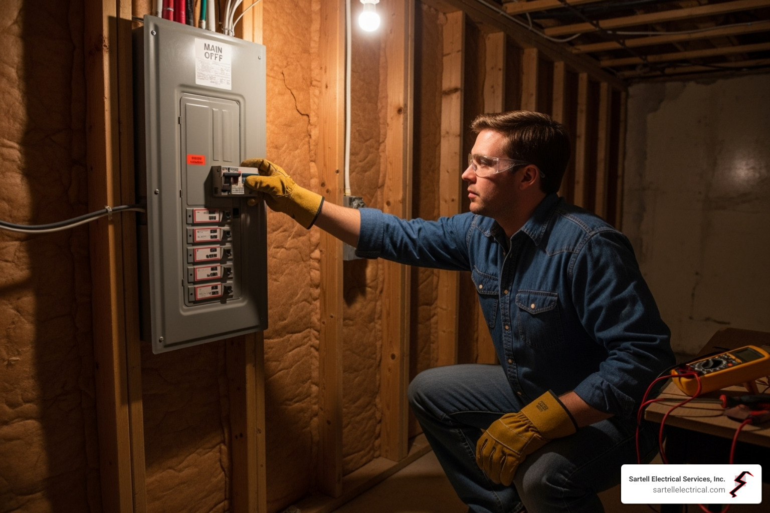 person safely turning off the main power at the electrical panel - local emergency electrician person safely turning off the main power at the electrical panel - local emergency electrician