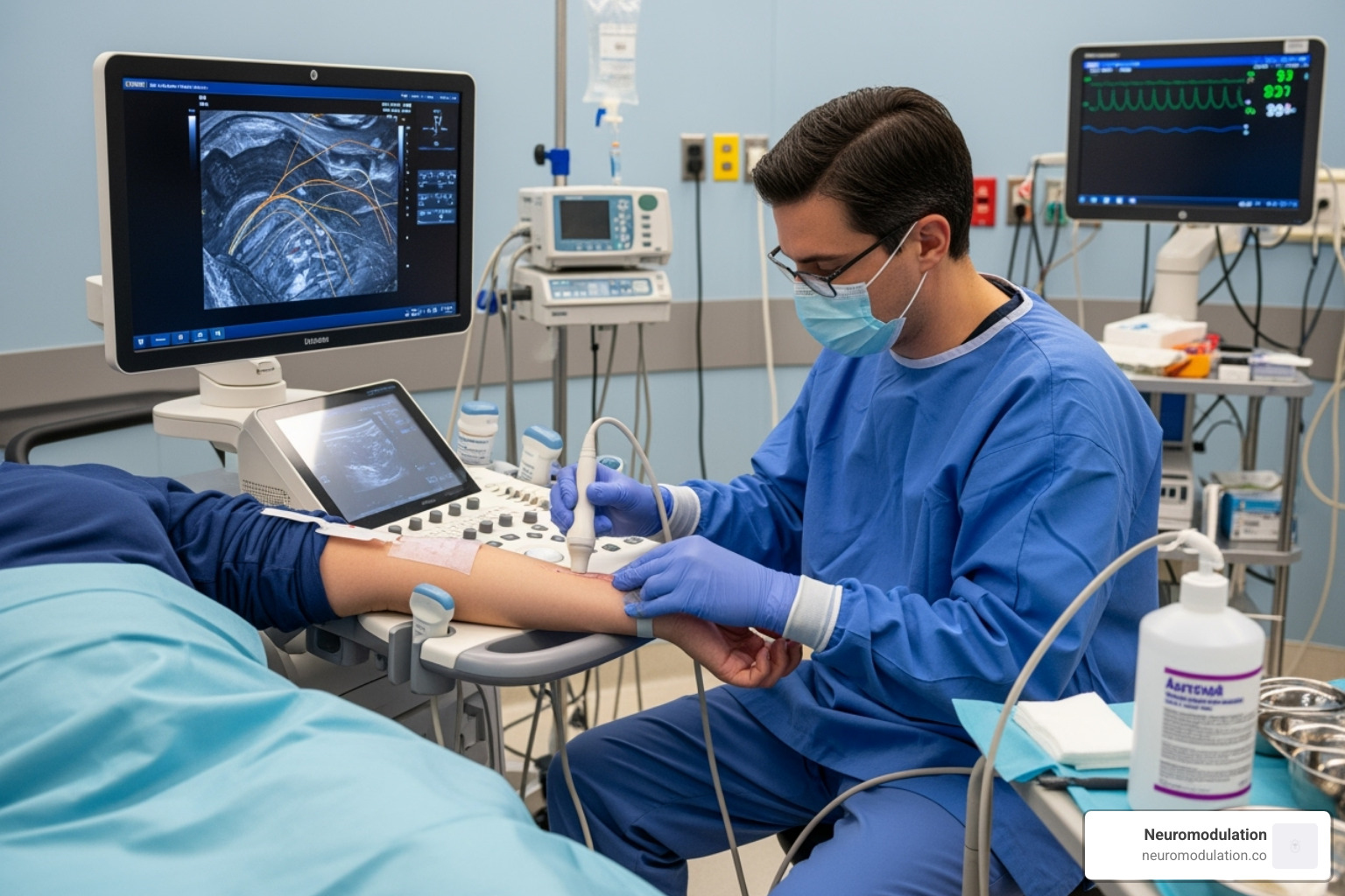 a physician performing an ultrasound-guided peripheral nerve block - interventional pain management procedures algorithm