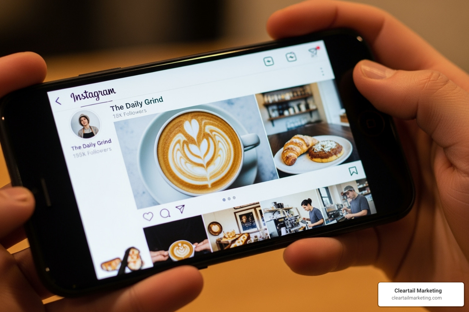 Image of a person scrolling through a local business's Instagram feed on their phone - best local online advertising
