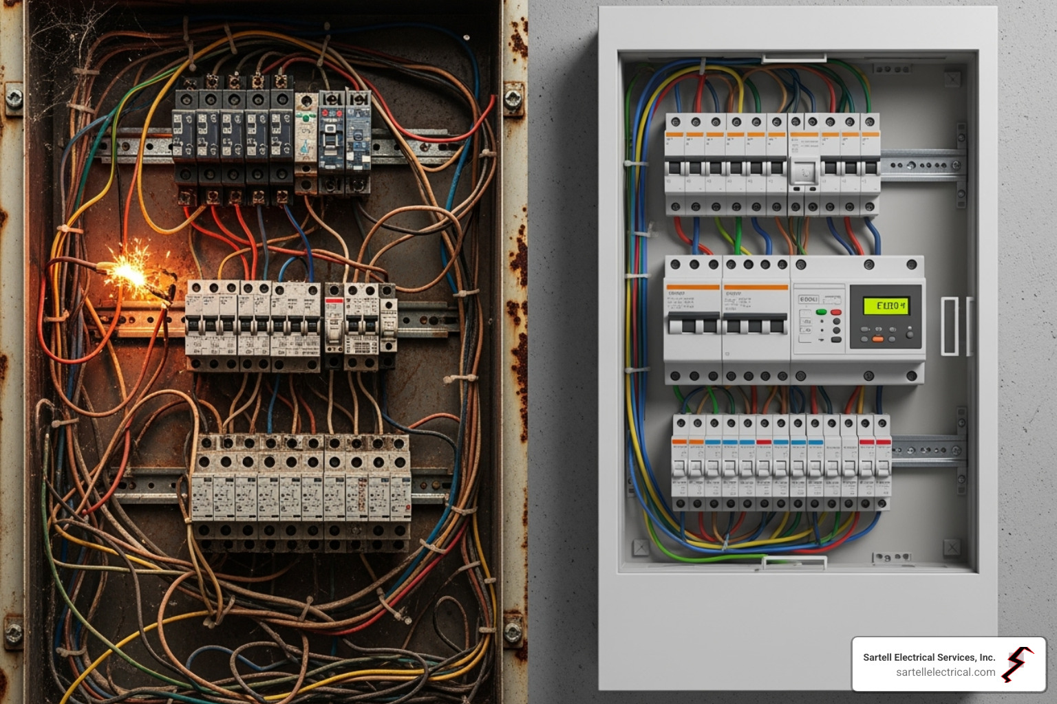 an old, overloaded electrical panel next to a new, modern one - Industrial electrician Lowell