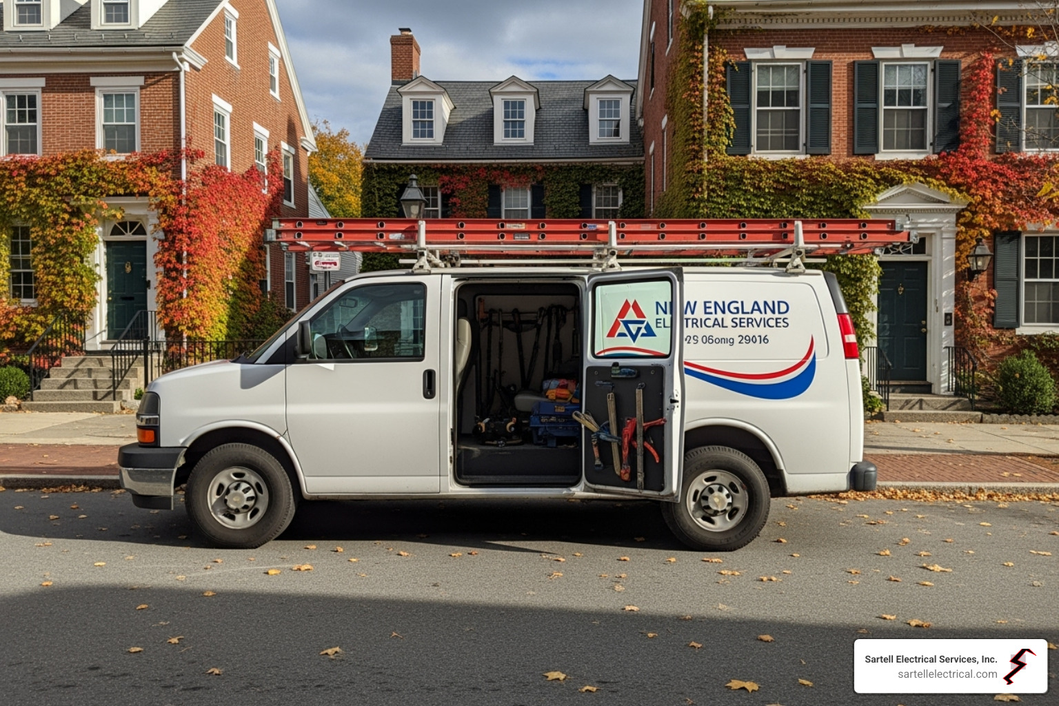 an electrician's service van in a New England setting - Industrial electrician Lowell