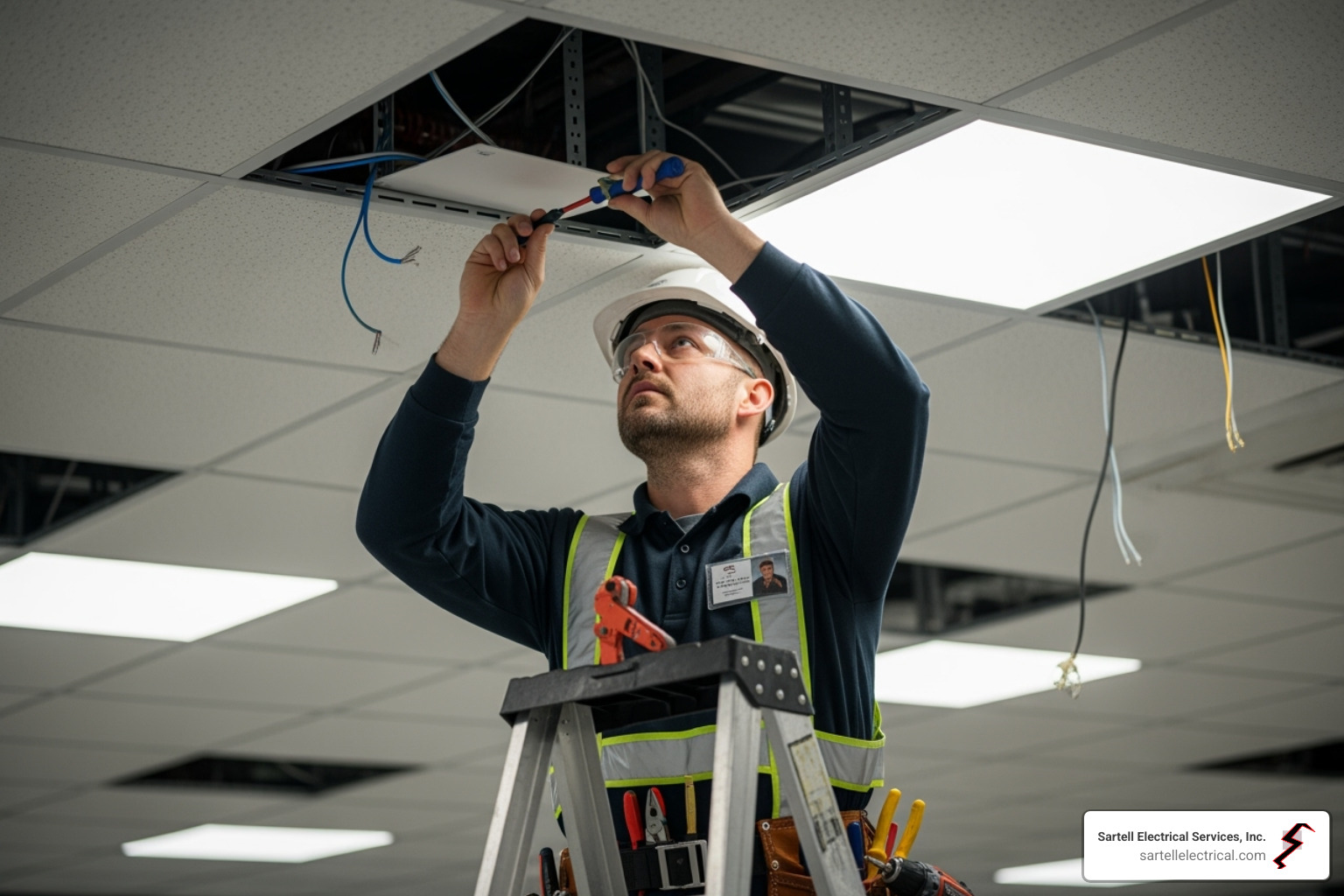 electrician installing energy-efficient LED light fixture - commercial electrical contractors near me