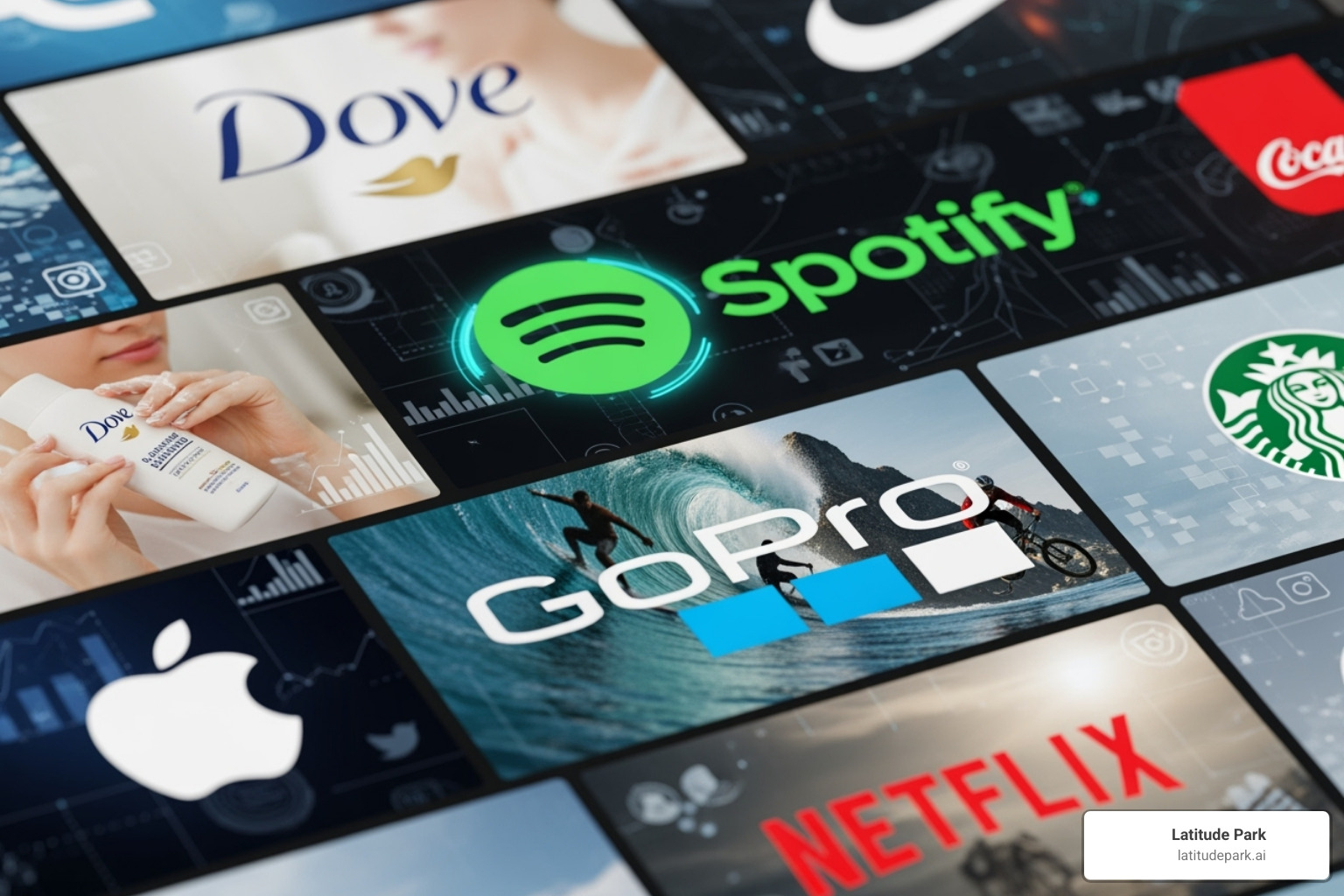 Image collage of logos from successful campaign examples like Dove, Spotify, and GoPro - integrated digital strategy