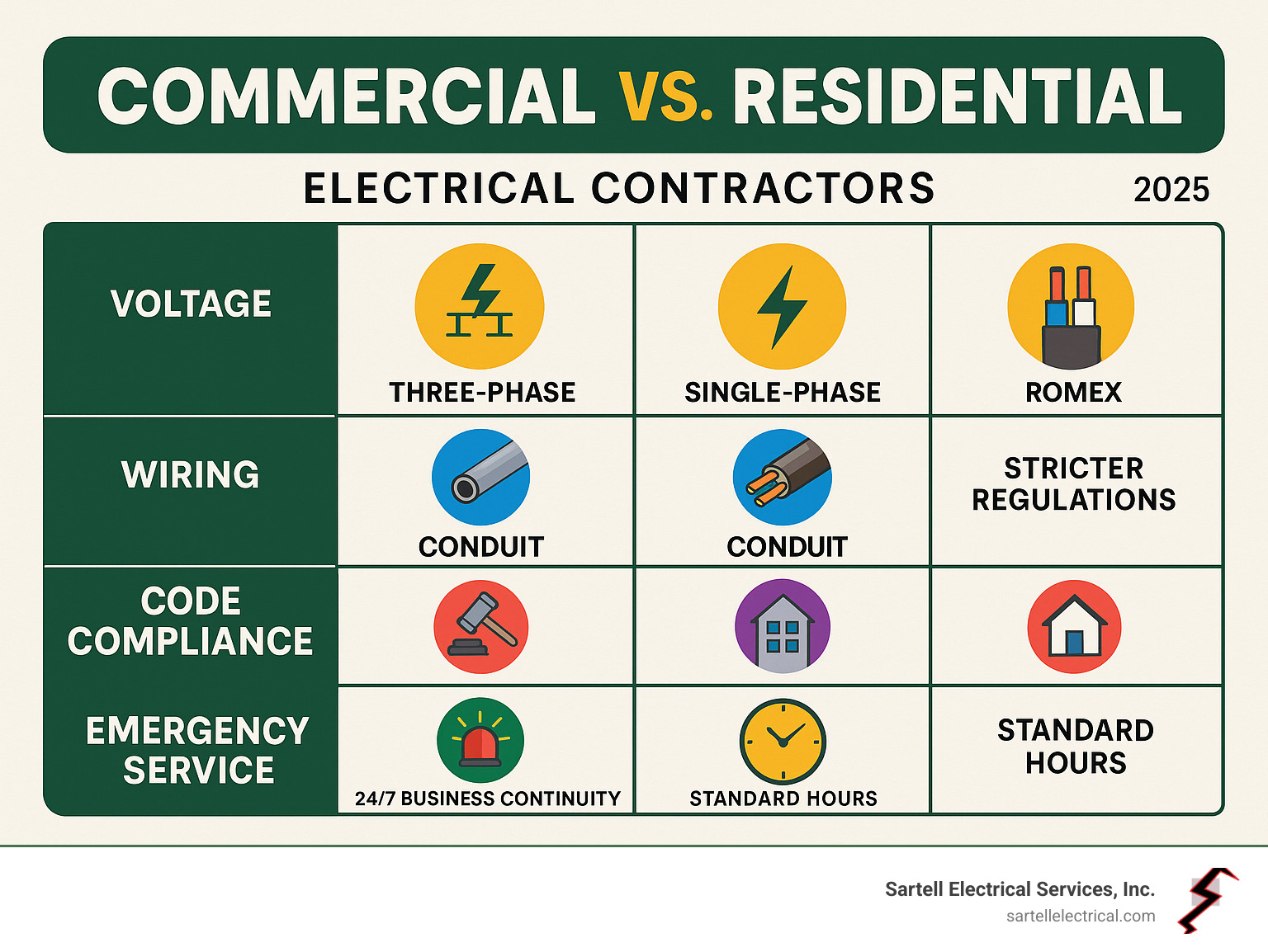 Infographic showing the key differences between commercial and residential electrical contractors, including voltage requirements (three-phase vs single-phase), wiring methods (conduit vs romex), code compliance (stricter commercial regulations), project scale (large facilities vs homes), and emergency service needs (24/7 business continuity vs standard hours) - commercial electrical contractors near me infographic Infographic showing the key differences between commercial and residential electrical contractors, including voltage requirements (three-phase vs single-phase), wiring methods (conduit vs romex), code compliance (stricter commercial regulations), project scale (large facilities vs homes), and emergency service needs (24/7 business continuity vs standard hours) - commercial electrical contractors near me infographic