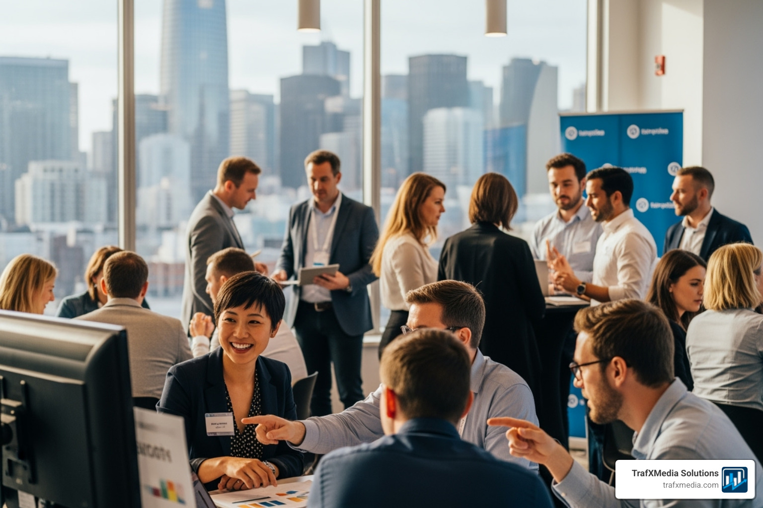A professional workshop or networking event in San Francisco, with a diverse group of mostly white attendees engaged in animated discussion and collaboration. - small business marketing San Francisco