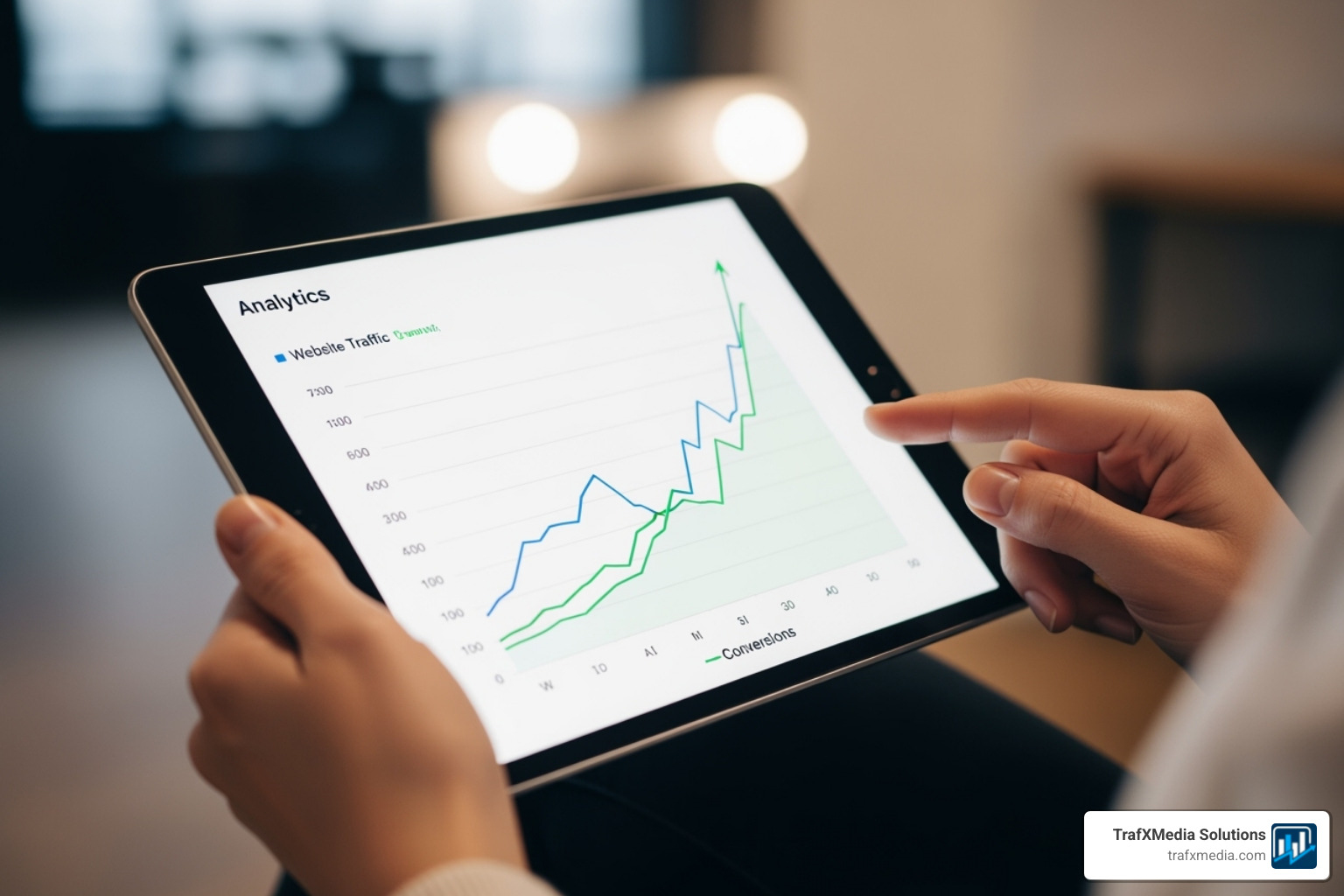 simple analytics graph on a tablet showing upward trends for website traffic and conversions, held by a person with light skin - seo for small businesses in san francisco