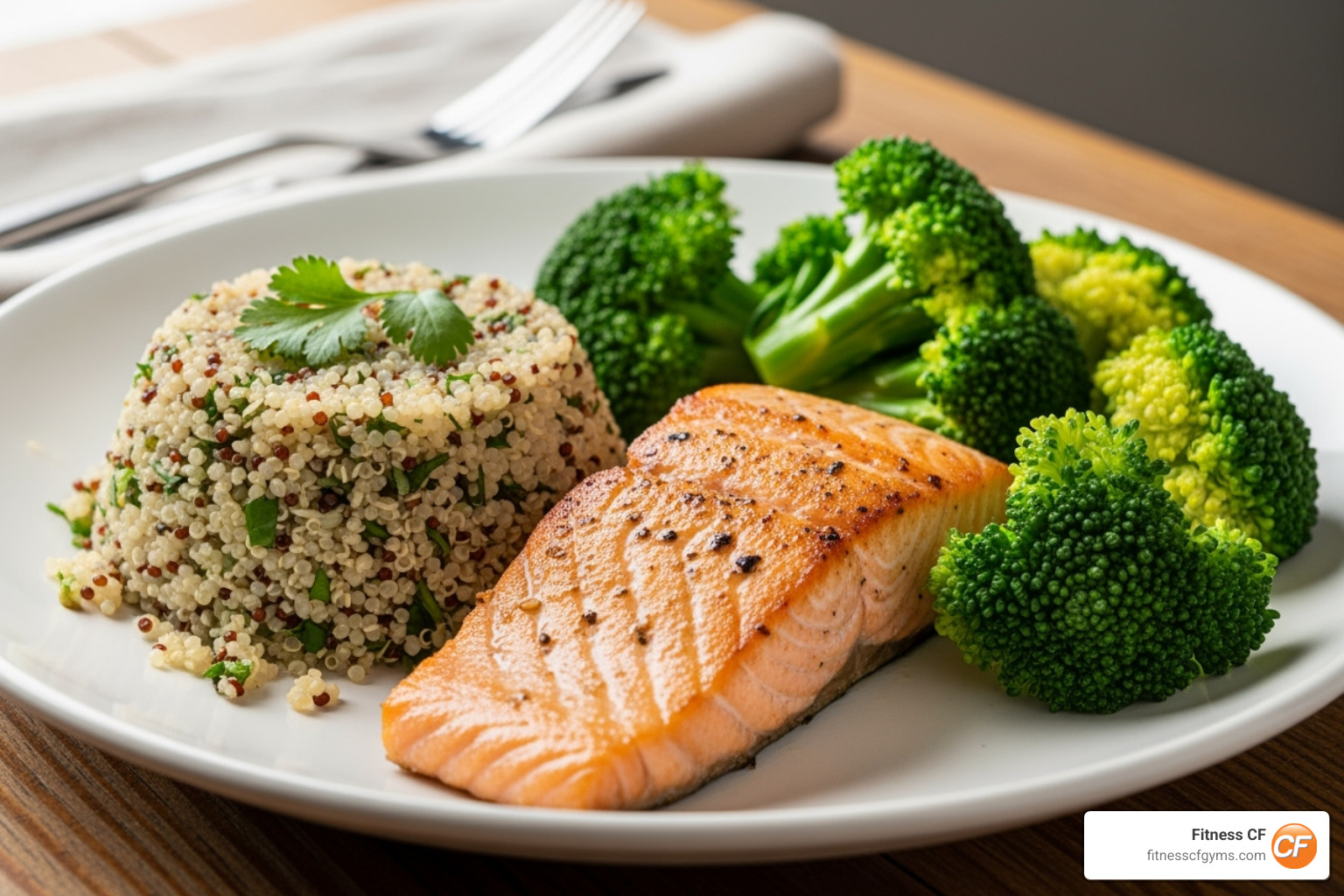 A balanced meal with grilled salmon, quinoa, and steamed broccoli - muscle building tips for fat guys