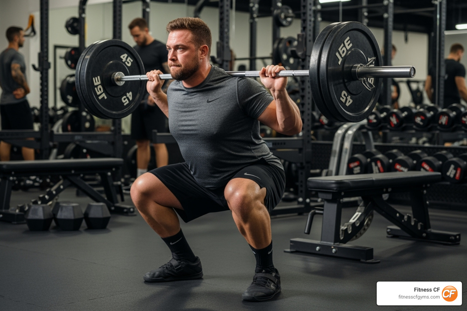 A man demonstrating proper squat form with a barbell on his back - muscle building tips for fat guys