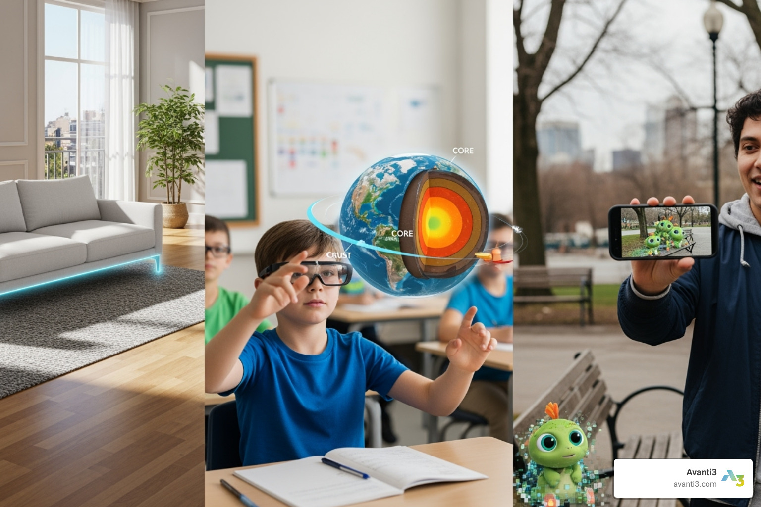collage showing different AR use cases like virtual furniture placement, an educational model, and a gaming character - ar apps development