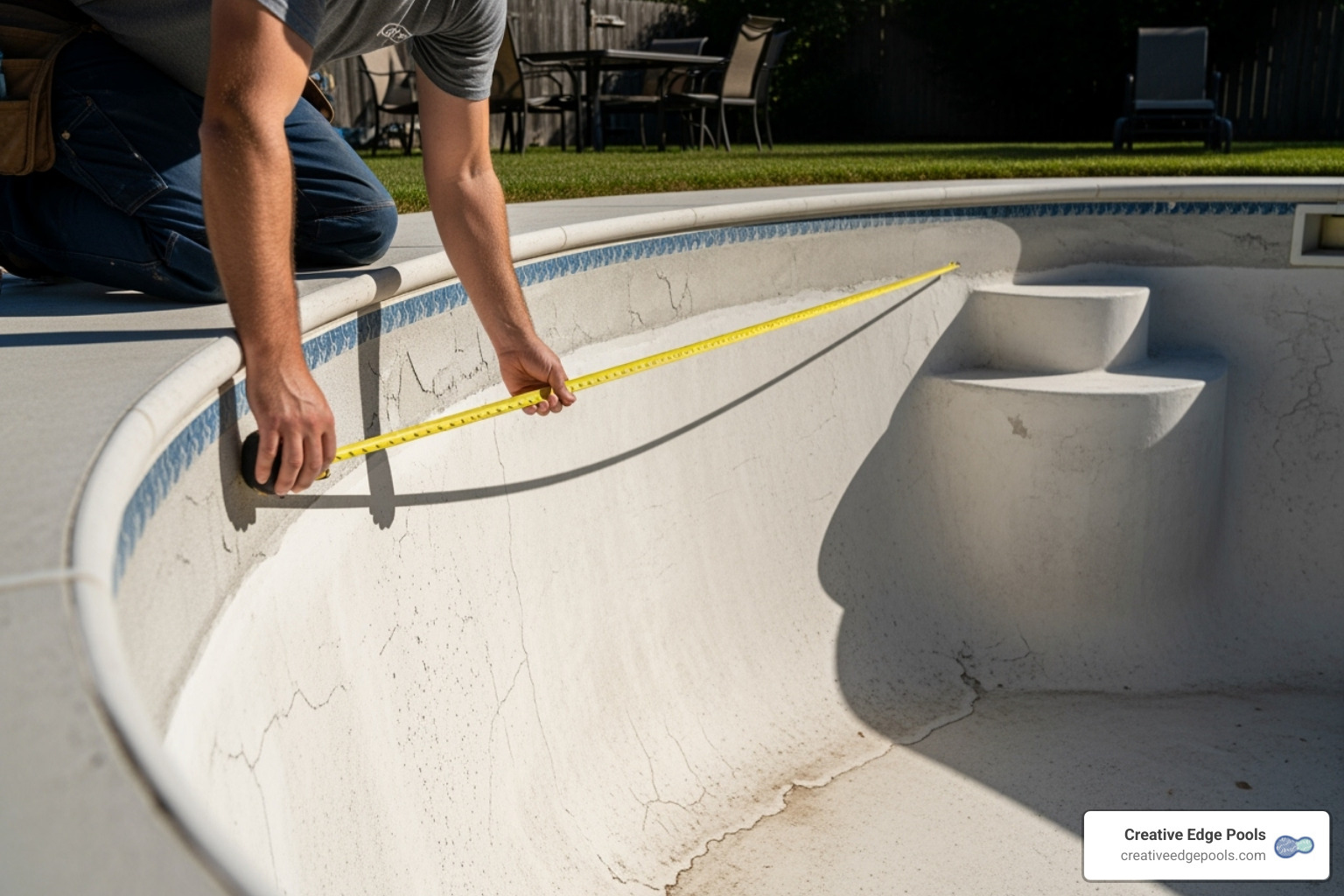 a pool being measured for resurfacing - gunite pool plaster cost