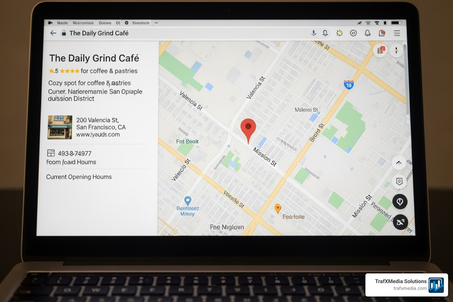 A laptop screen displaying a Google Maps search result for a local cafe in San Francisco's Mission District, highlighting its location and business information. - small business marketing San Francisco