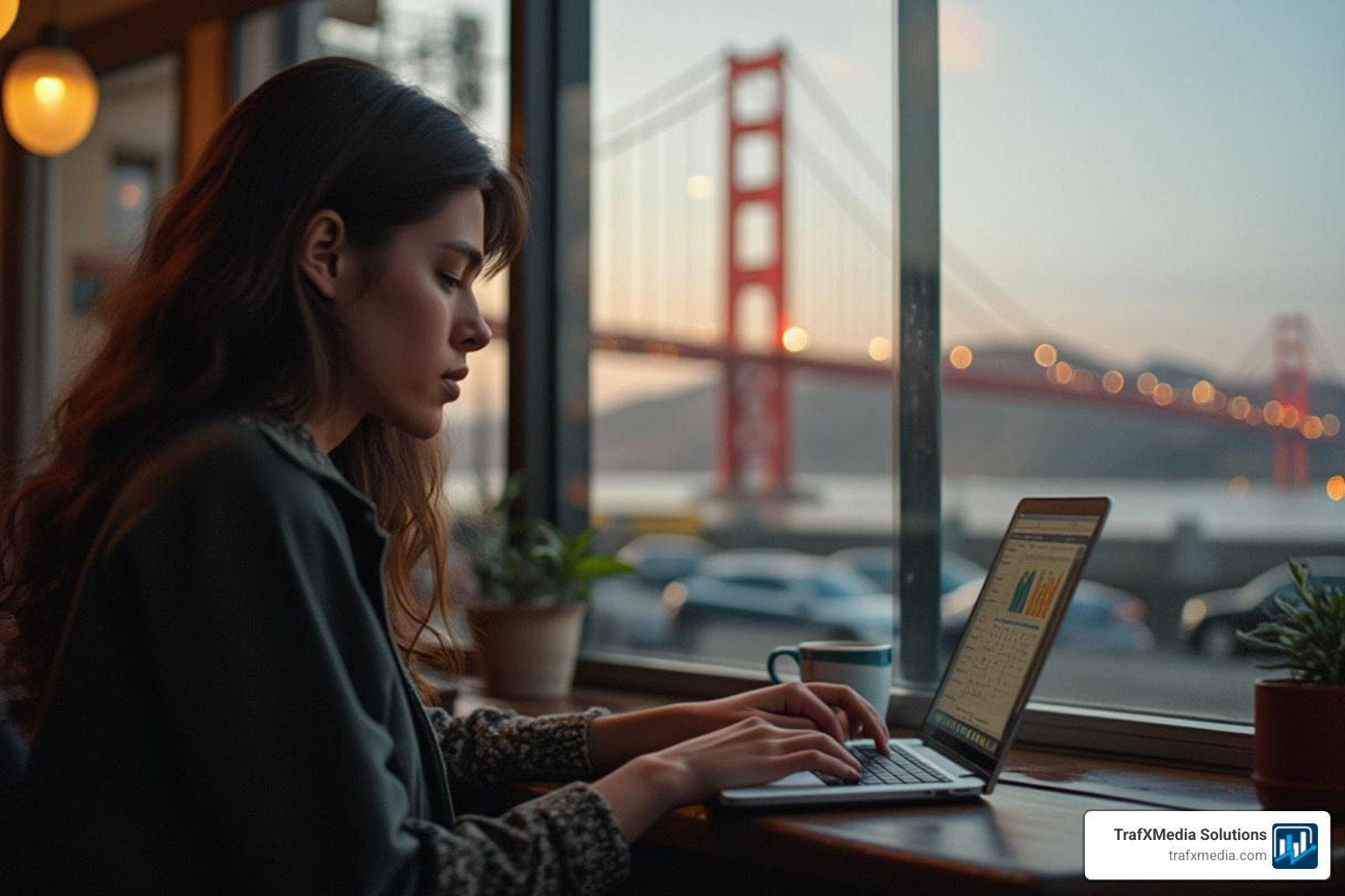 person of European descent using a laptop in a cafe with a view of a San Francisco landmark, searching for a local service - seo for small businesses in san francisco