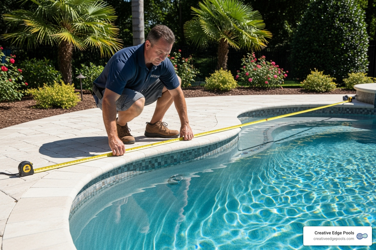Pool contractor measuring perimeter - cost to replace water line tile in pool