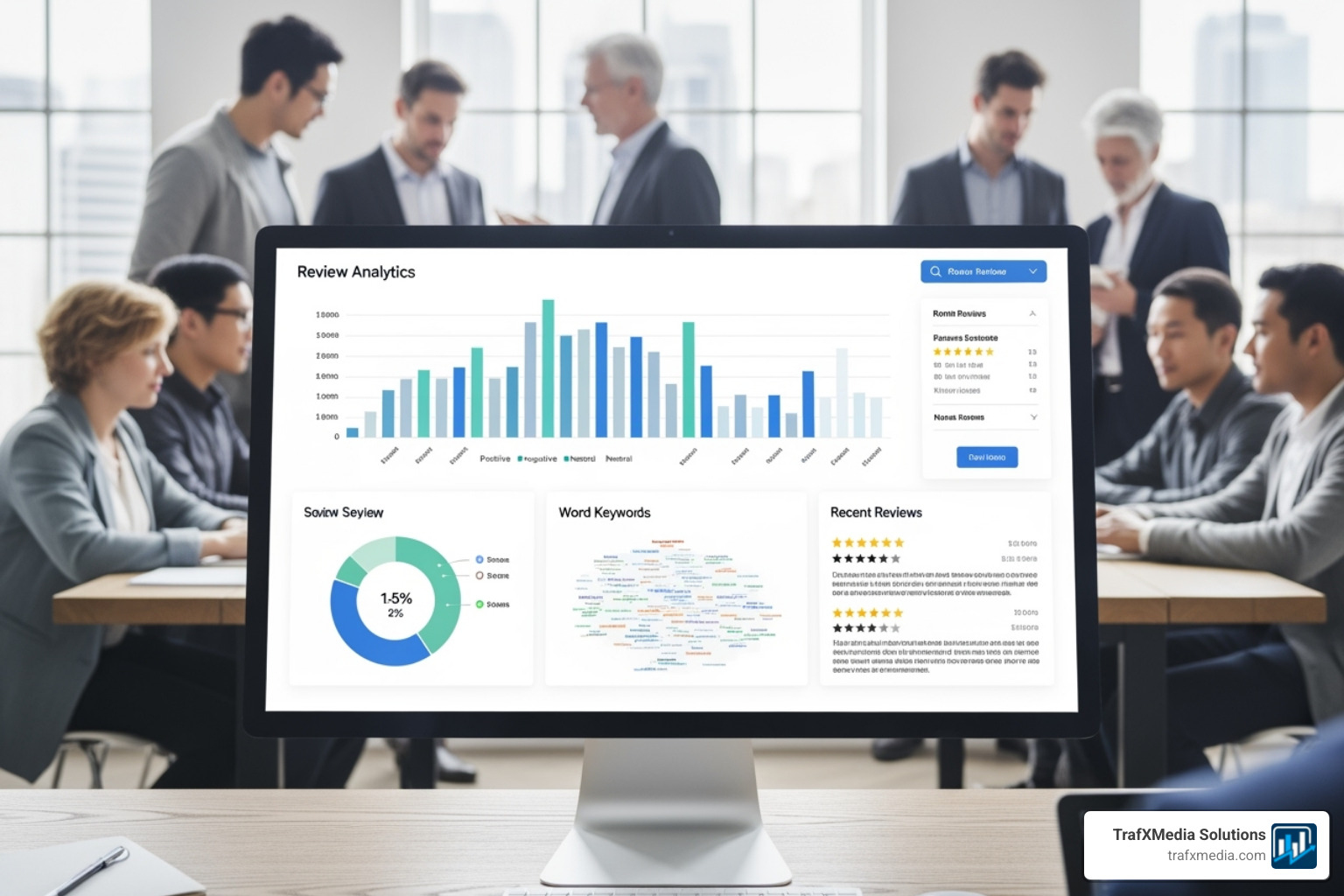 clean, modern software dashboard on a desktop computer, showing review analytics with charts and star ratings, with diverse but primarily white characters using it. - small business review management