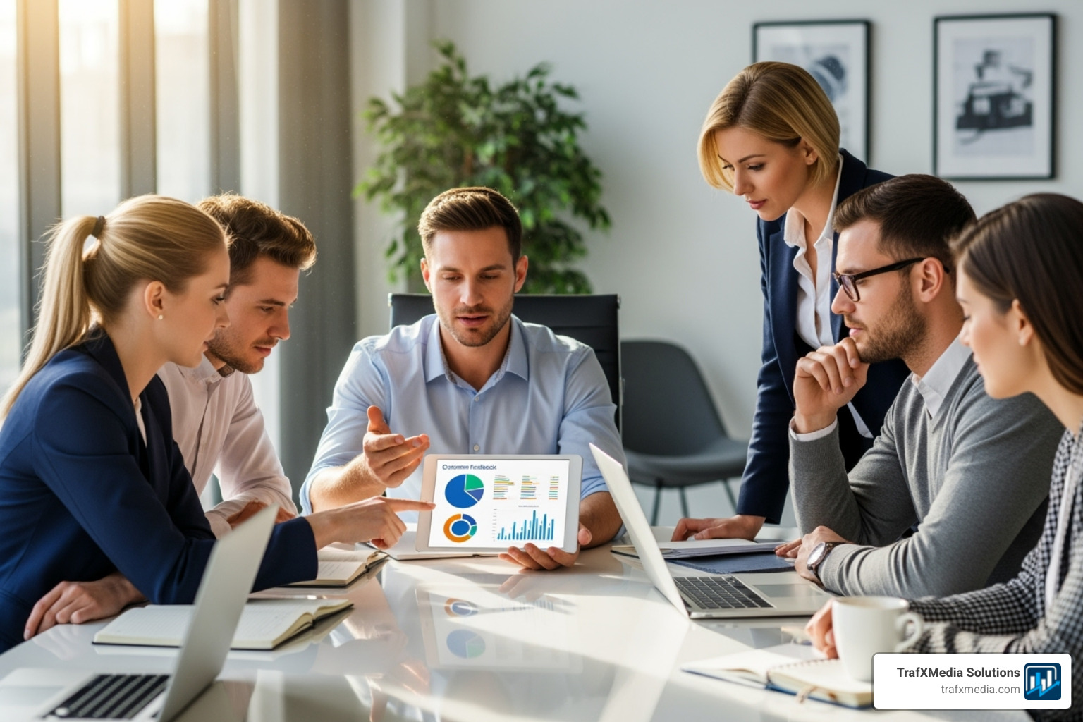 diverse team of small business employees collaborating around a table, looking at customer feedback on a tablet, with primarily white characters. - small business review management