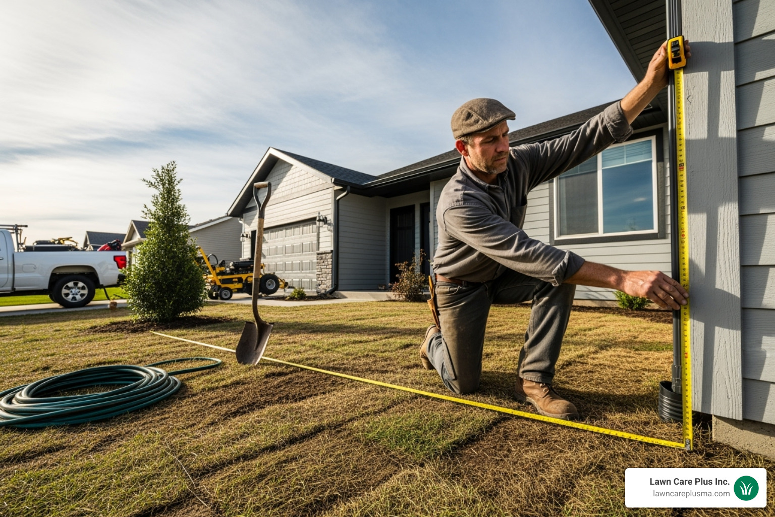 landscaper measuring a yard for a new lawn installation - cost of new lawn installation