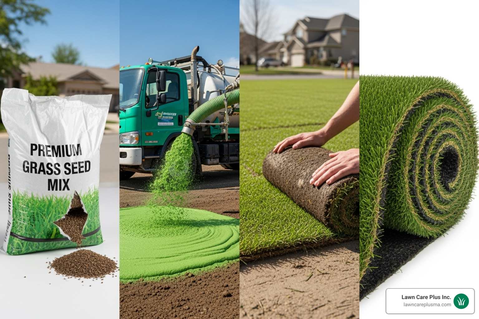 four types of lawn installation side-by-side: a bag of grass seed, a hydroseeding truck spraying a lawn, rolls of sod, and a roll of artificial turf - cost of new lawn installation
