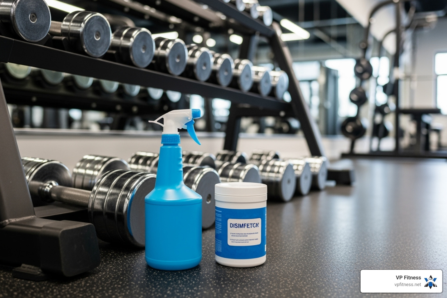 disinfectant wipes and spray next to a rack of dumbbells - clean gym
