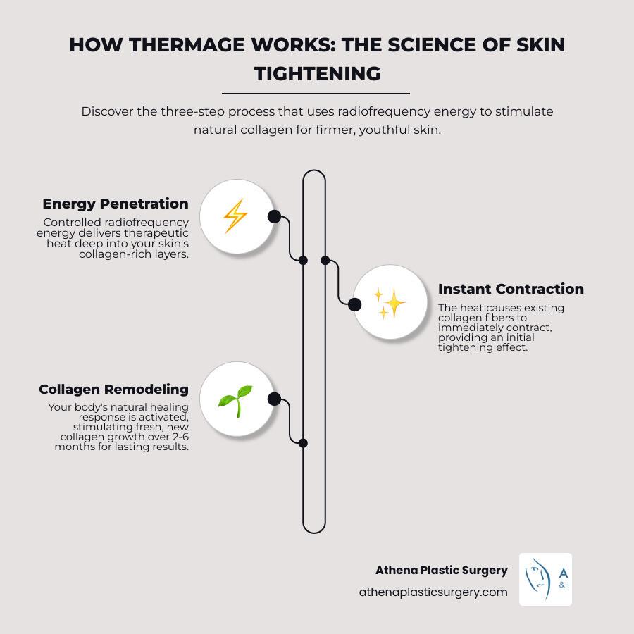 Detailed infographic showing how radiofrequency energy penetrates skin layers, heating collagen fibers to cause immediate contraction and stimulate long-term collagen remodeling, with before and after timeline showing gradual improvement over 2-6 months - thermage treatment infographic infographic-line-3-steps-neat_beige