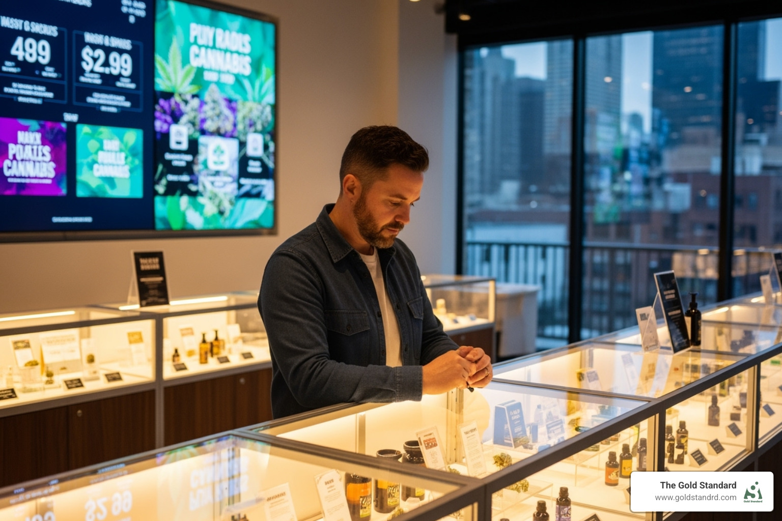 A person thoughtfully looking at cannabis products in a modern, well-lit New York dispensary, with digital displays in the background - 100 sativa strains list