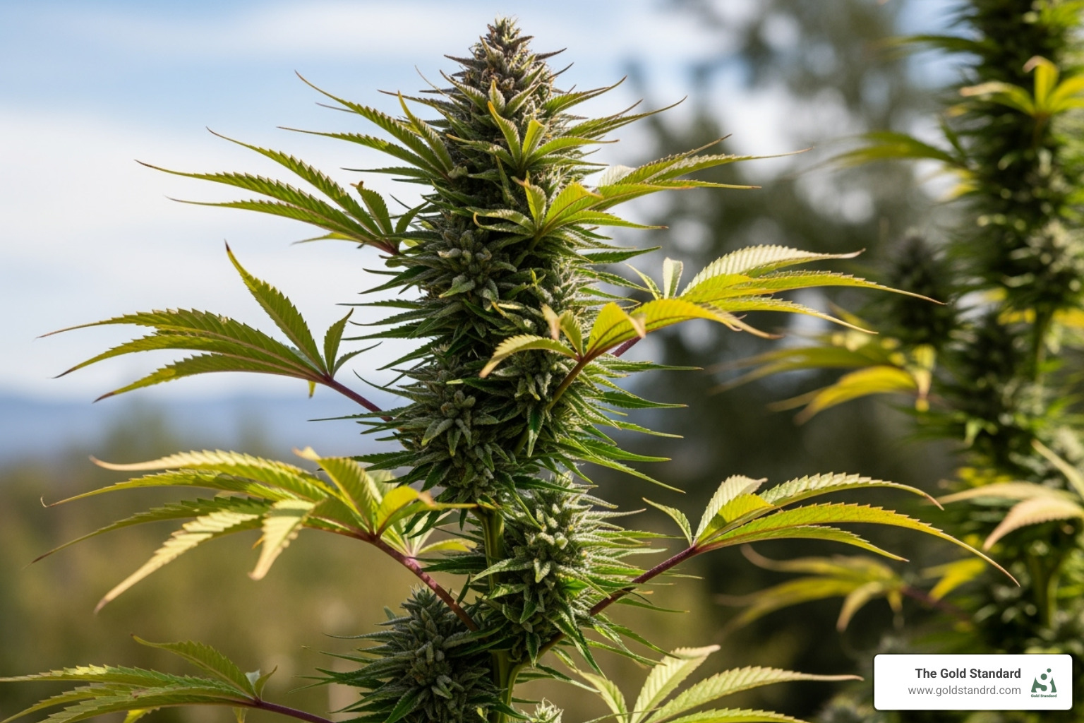 A tall, lanky Sativa cannabis plant with thin leaves reaching towards the sky - 100 sativa strains list