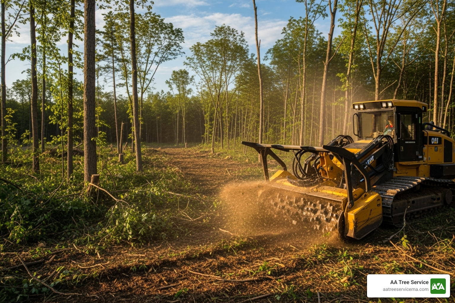 Heavy machinery like a forestry mulcher in action on a wooded lot - lot clearing services Heavy machinery like a forestry mulcher in action on a wooded lot - lot clearing services