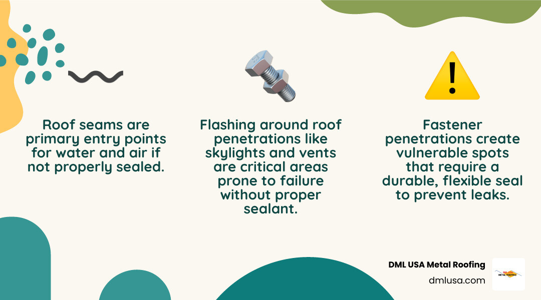 Infographic detailing metal roof vulnerabilities sealed by butyl tape - best butyl tape for metal roofing infographic 3_facts_emoji_nature