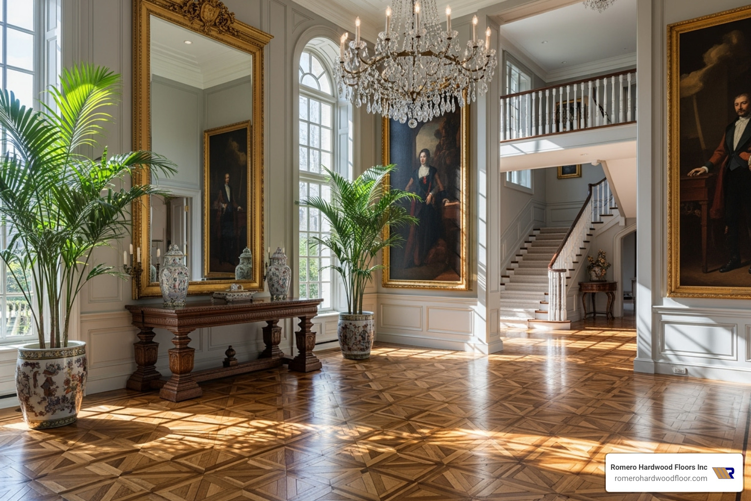 formal entryway with a Versailles parquet pattern - Classic wood floor designs