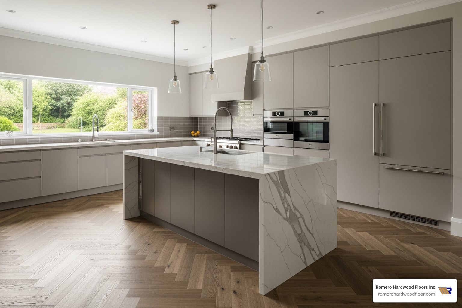modern kitchen with wide-plank chevron flooring - Classic wood floor designs