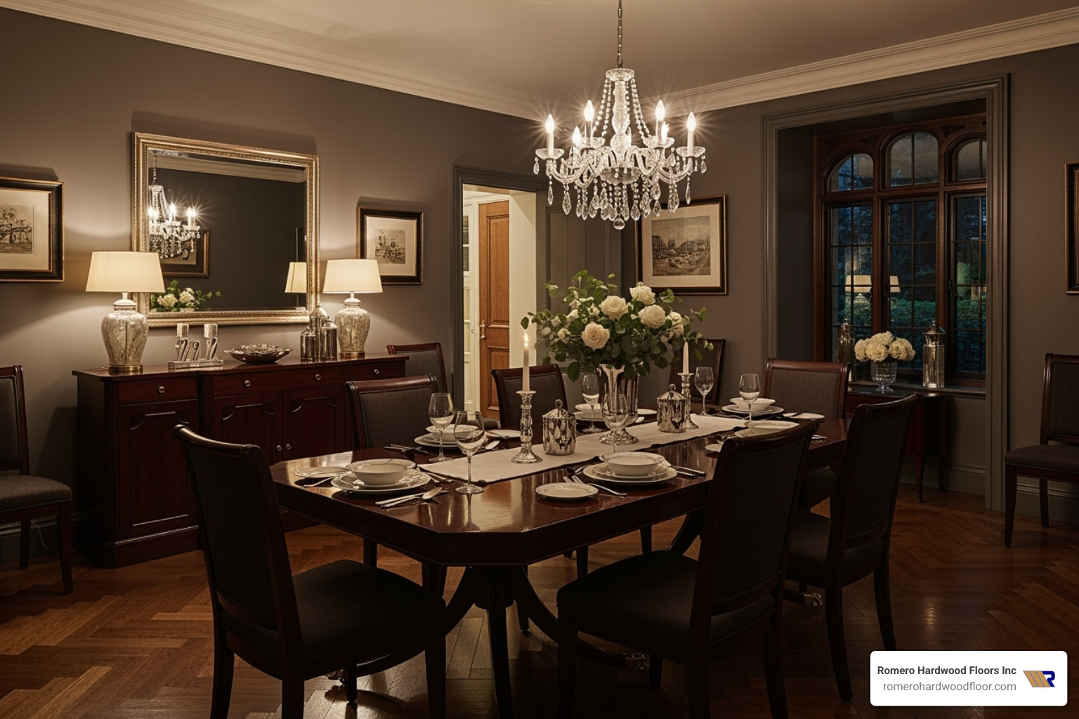 sophisticated dining room with a dark wood herringbone floor - Classic wood floor designs