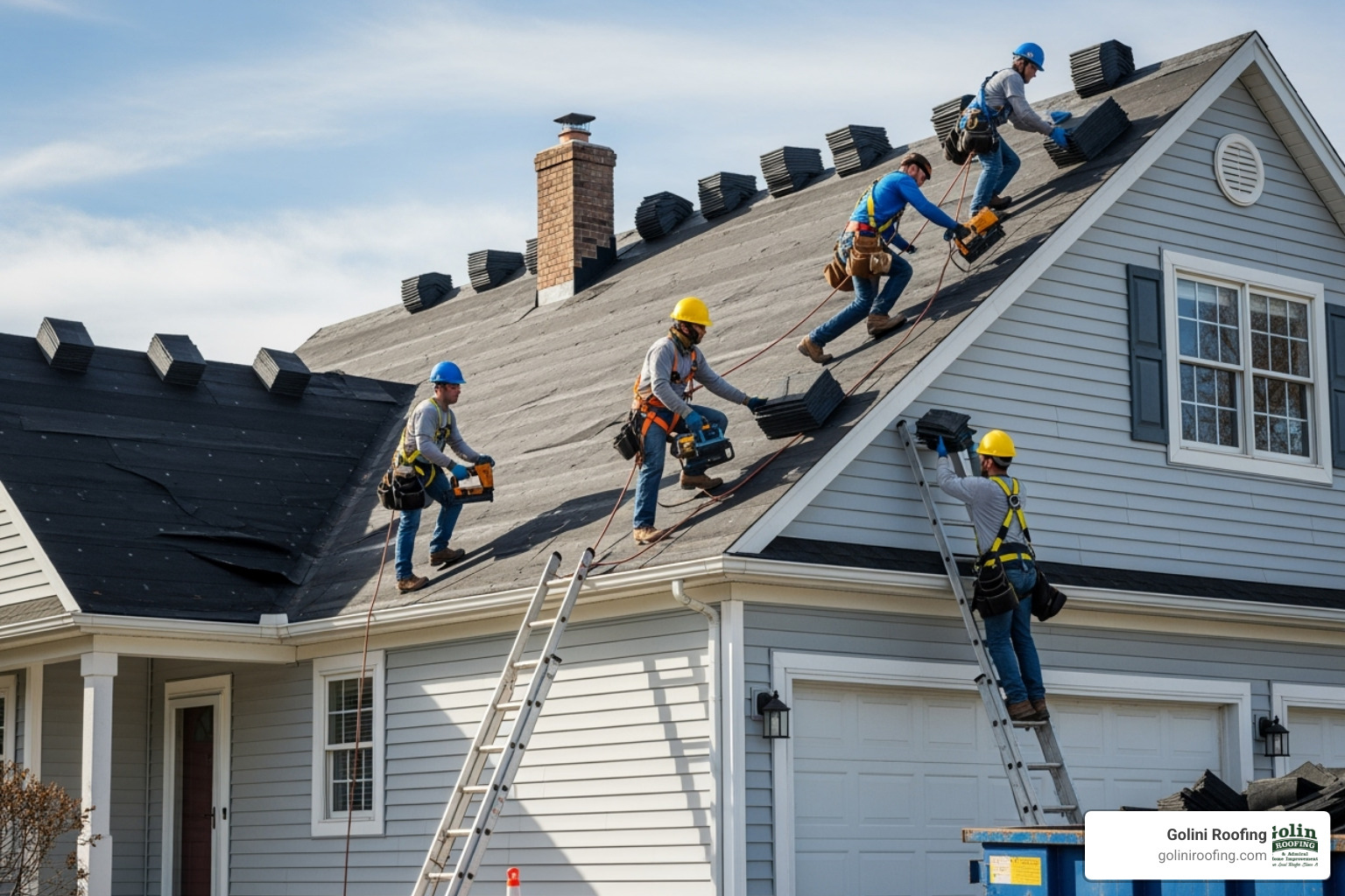 Roofing team safely working on a residential roof - Roof installation Reading MA Roofing team safely working on a residential roof - Roof installation Reading MA