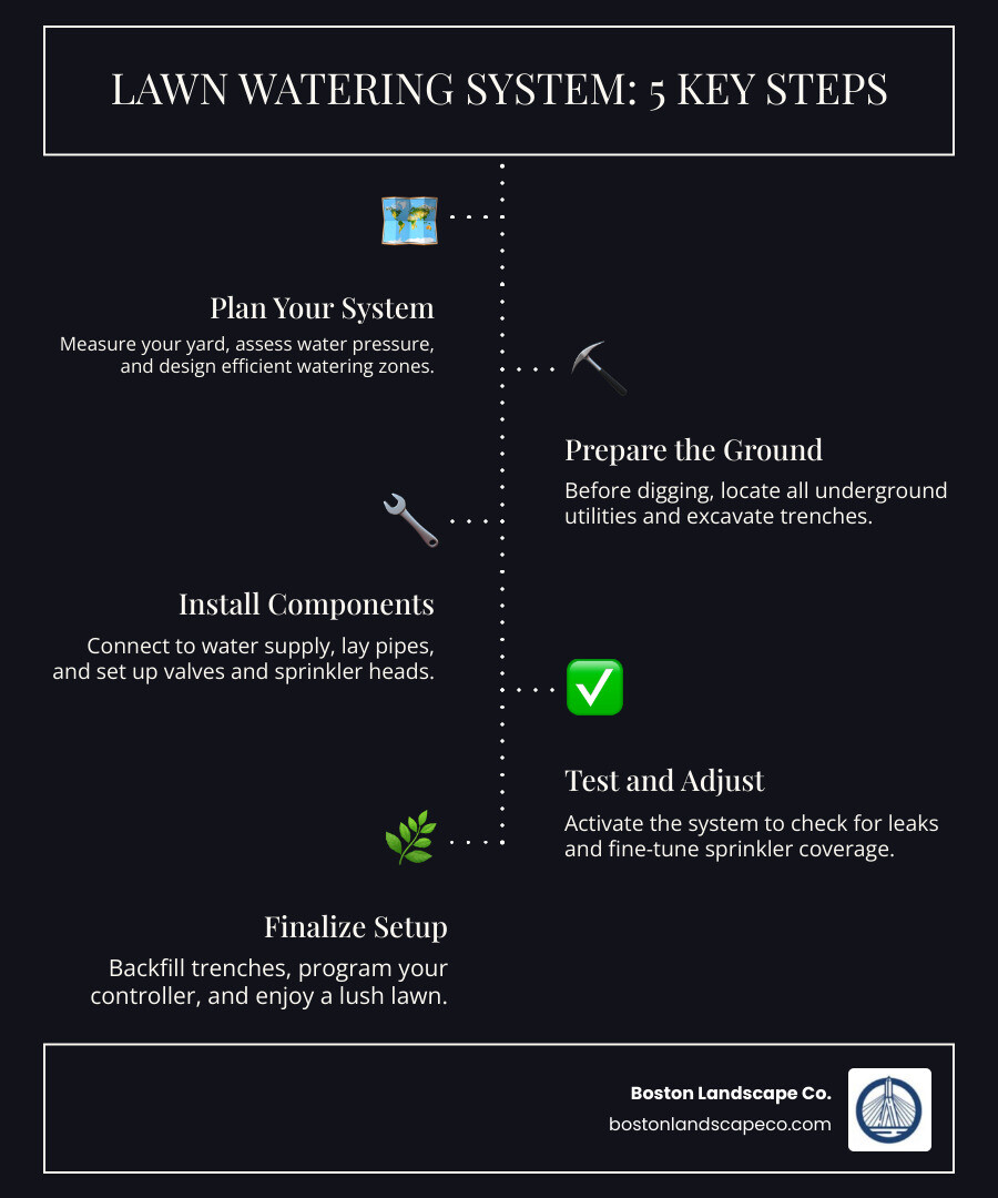 Infographic showing the 5 main steps of lawn watering system installation: 1. Plan your system, 2. Prepare the ground by digging trenches, 3. Install pipes, valves, and sprinkler heads, 4. Test the system for leaks and coverage, 5. Backfill trenches and set the controller. - Lawn watering system installation infographic infographic-line-5-steps-dark