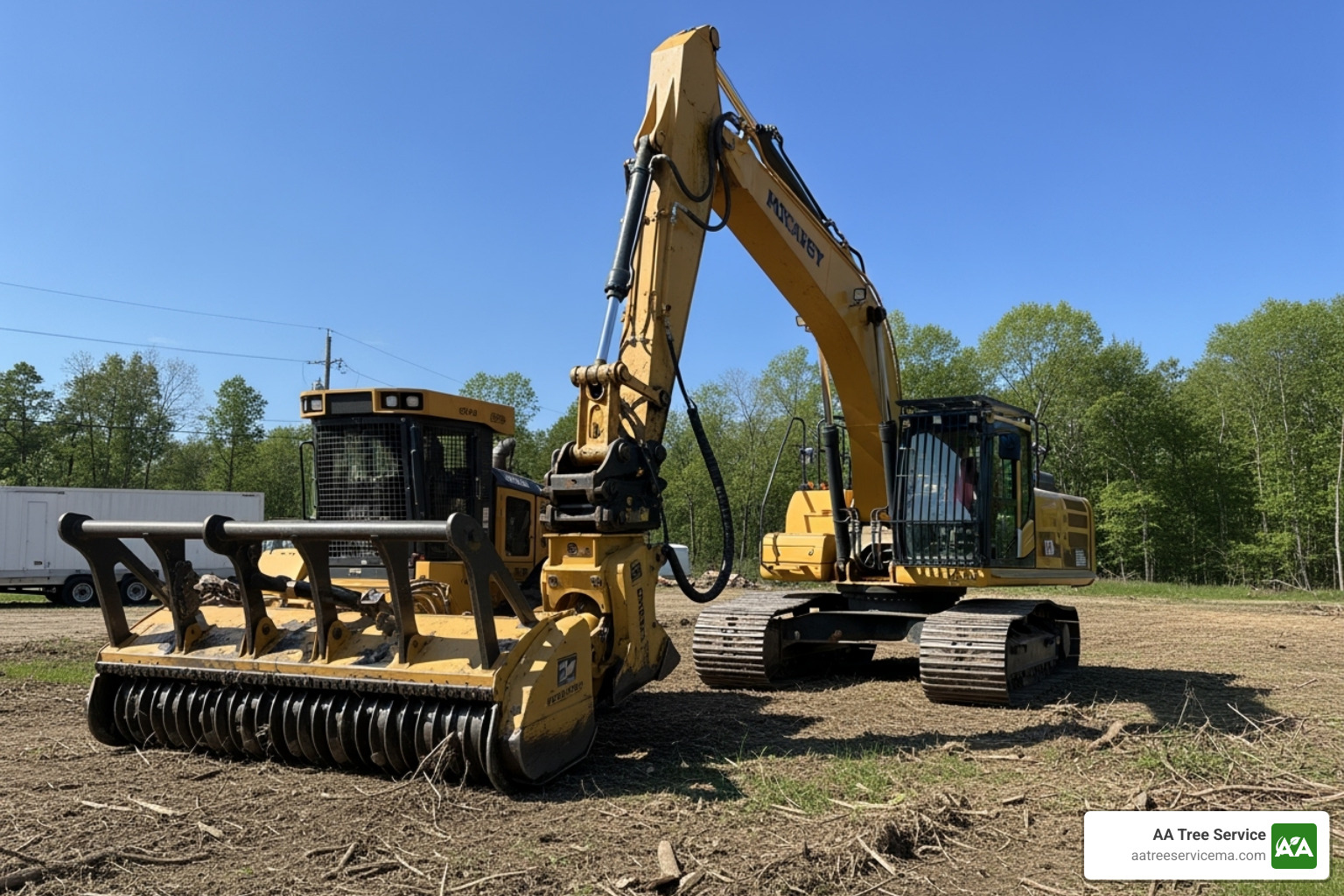Professional crew with safety gear operating equipment - lot clearing services Professional crew with safety gear operating equipment - lot clearing services